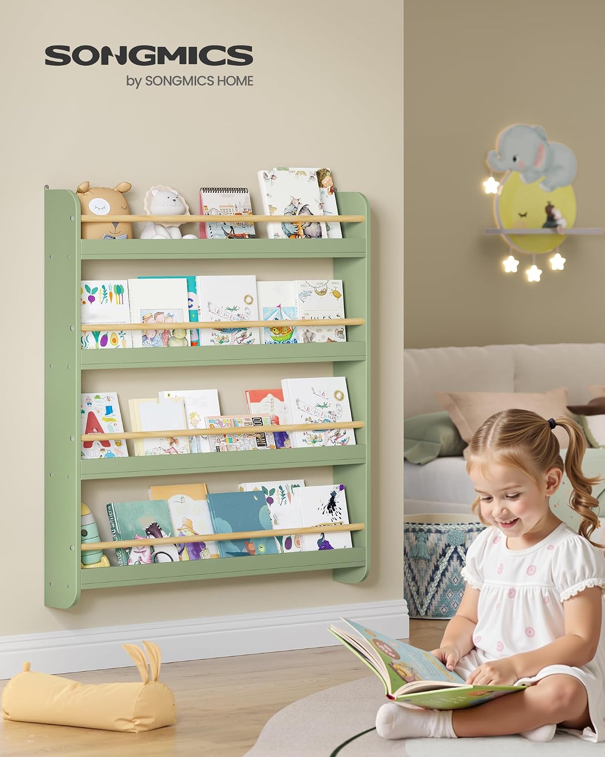 Detalle de SONGMICS Kinder-Bücherregal GKR014CE02 mit 4 Ebenen (wandmontiert) – lorbeergrün/natur