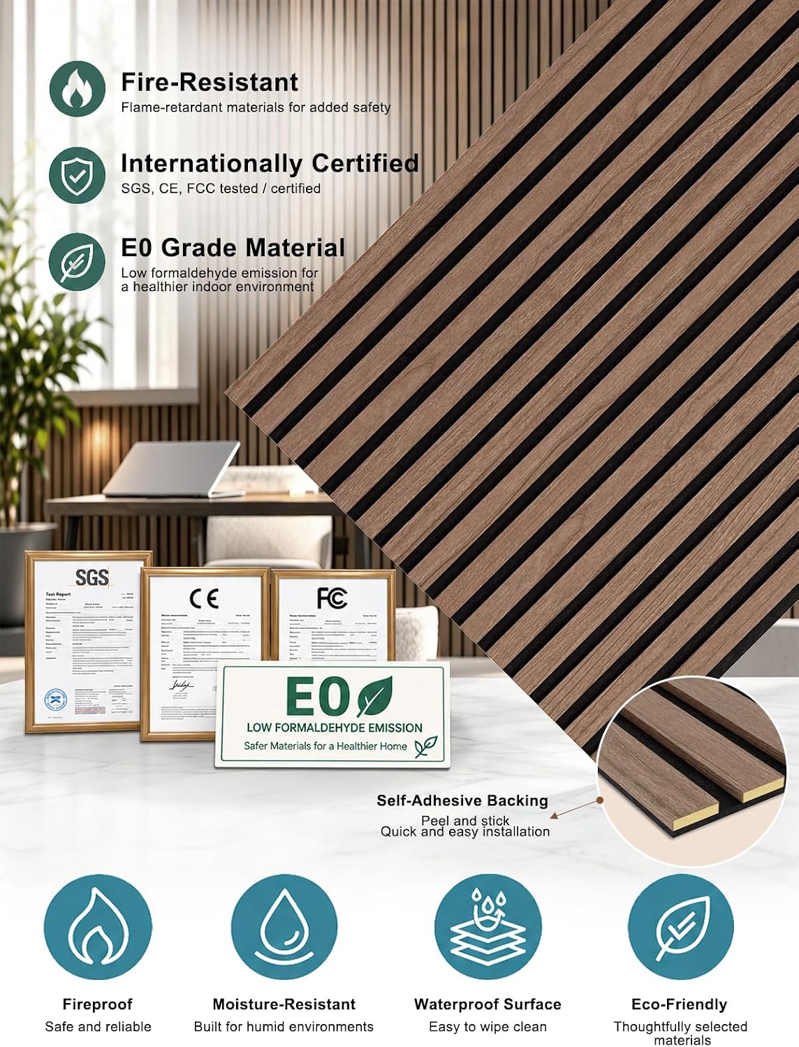 Thumbnail 6 de AKUMAX Waterproof Wood Slat Acoustic Wall Panels, Walnut, 4-Pack, NRC 0.80