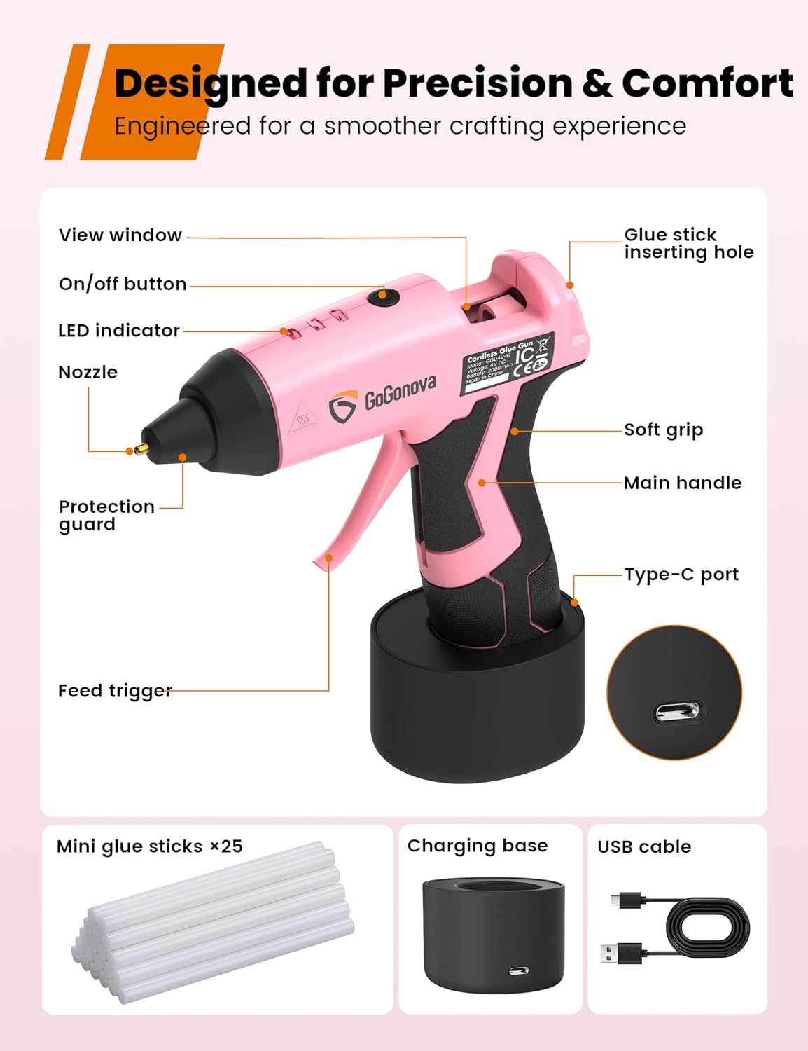 Detalle 2 de GoGonova GGU4-Li Cordless Hot Glue Gun Kit, 2Ah Battery, 25 Mini Sticks
