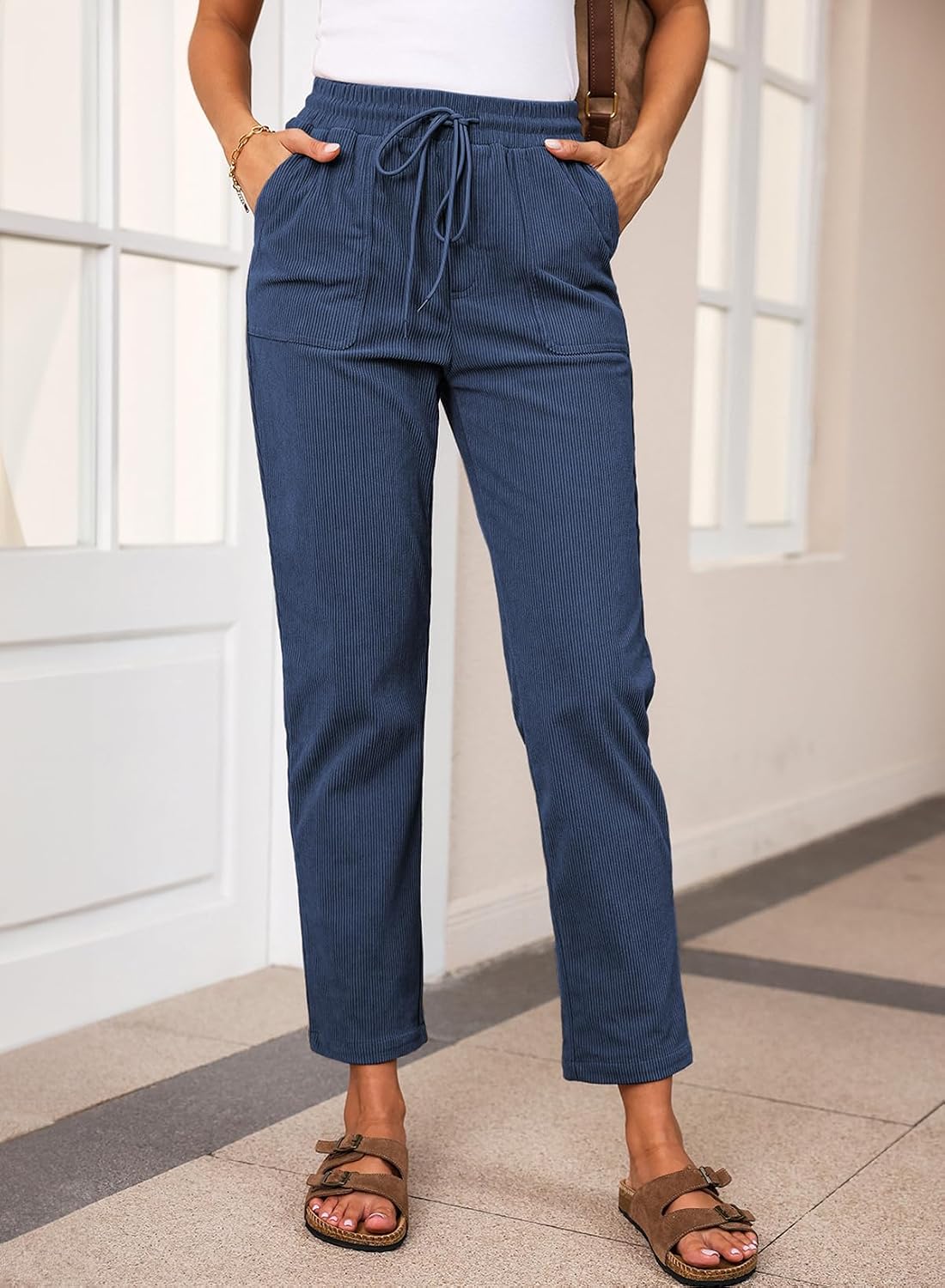 Detalle 2 de EVALESS Corduroy Pants High Waist Drawstring Pants