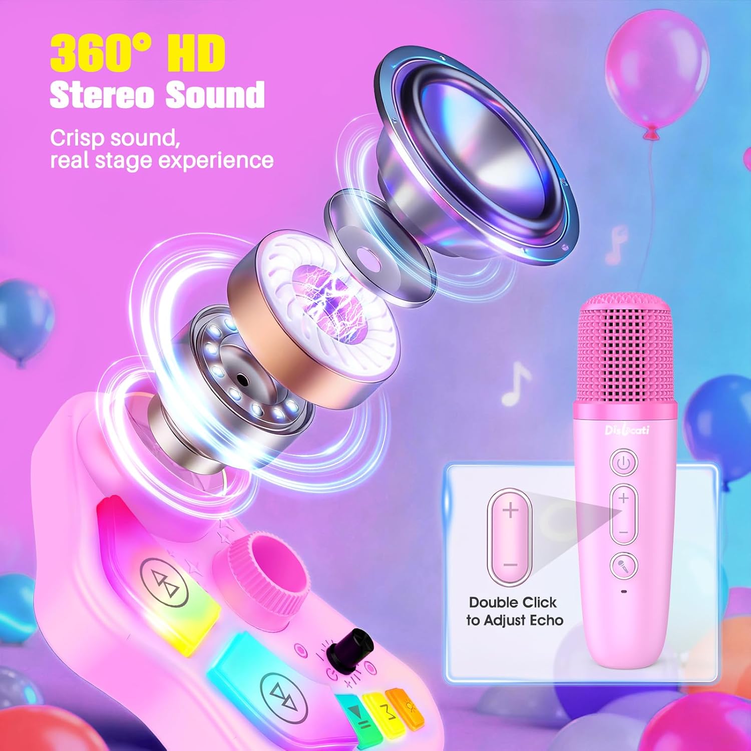Detalle de Kinder-Karaoke-Set mit Karaoke-Maschine und 2 Mikrofonen (Bluetooth 5.3, TF-Karte, USB, AUX) – mit höhenverstellbarem Ständer