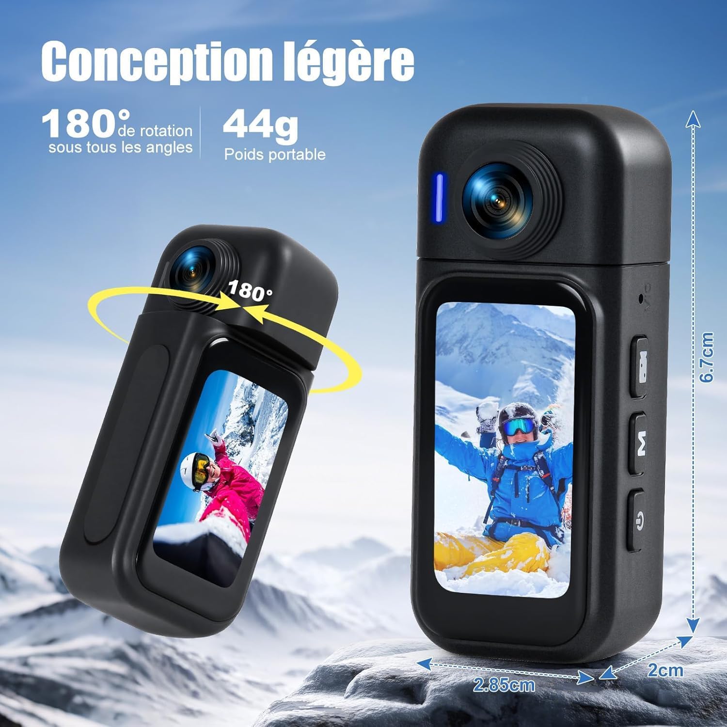 Detalle de Hiwoor Aktionskamera 360° — écran tactile, objectif rotatif 180°, grand angle 120°, étanche 30 m, kit 64 Go