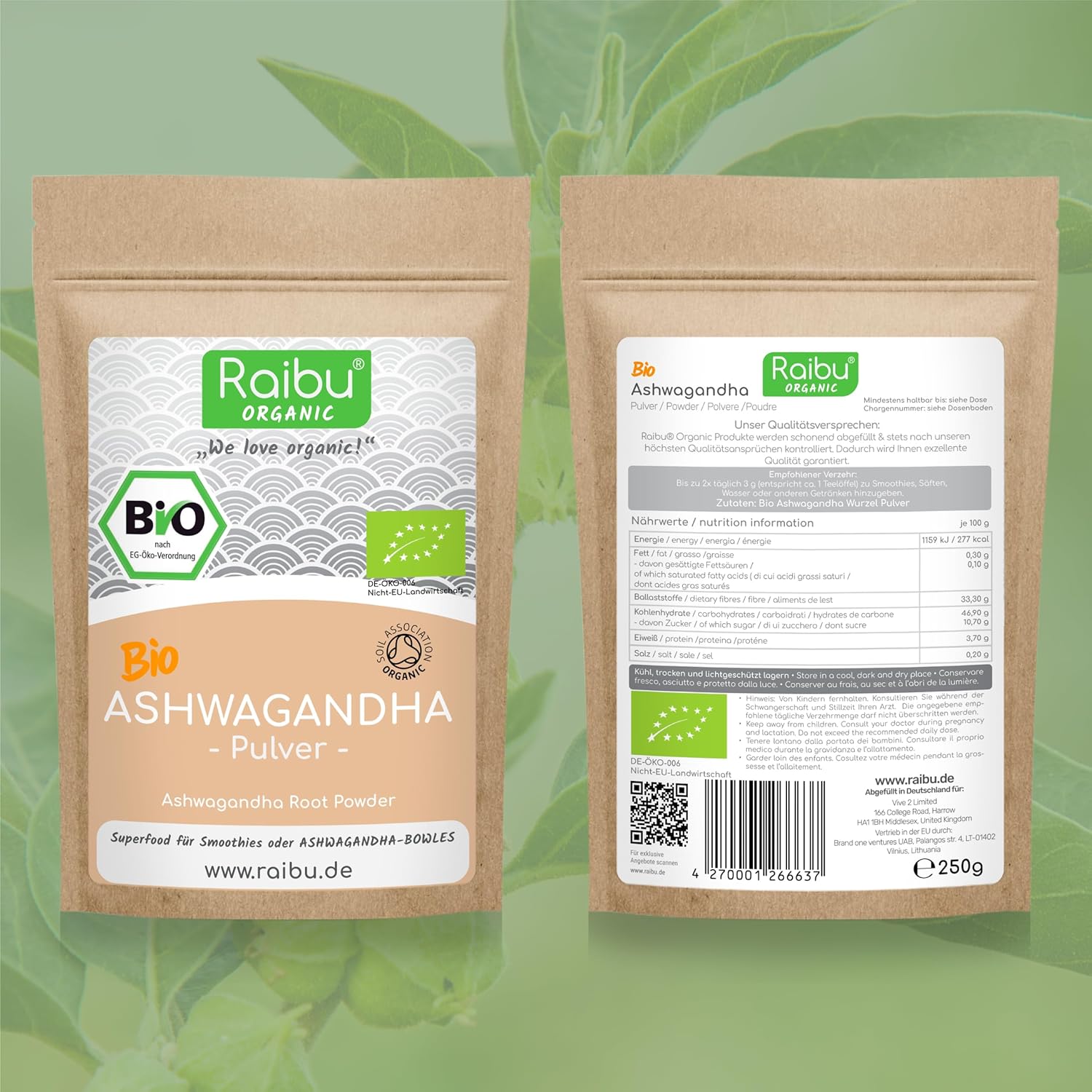 Detalle de Raibu Bio Ashwagandha Pulver 250 g – 100% Wurzel, Bio & aus Deutschland