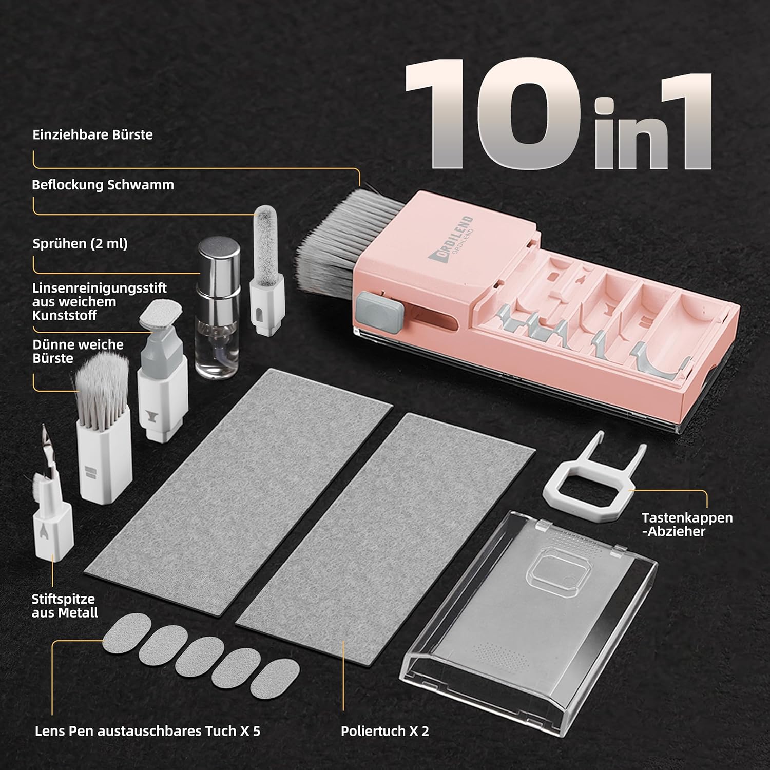 Detalle de Ordilend Tastatur Reinigungsset – Kompaktes Keyboard- und Laptop-Reinigungsset mit Bürsten, Mikrofasertüchern und Metallstift