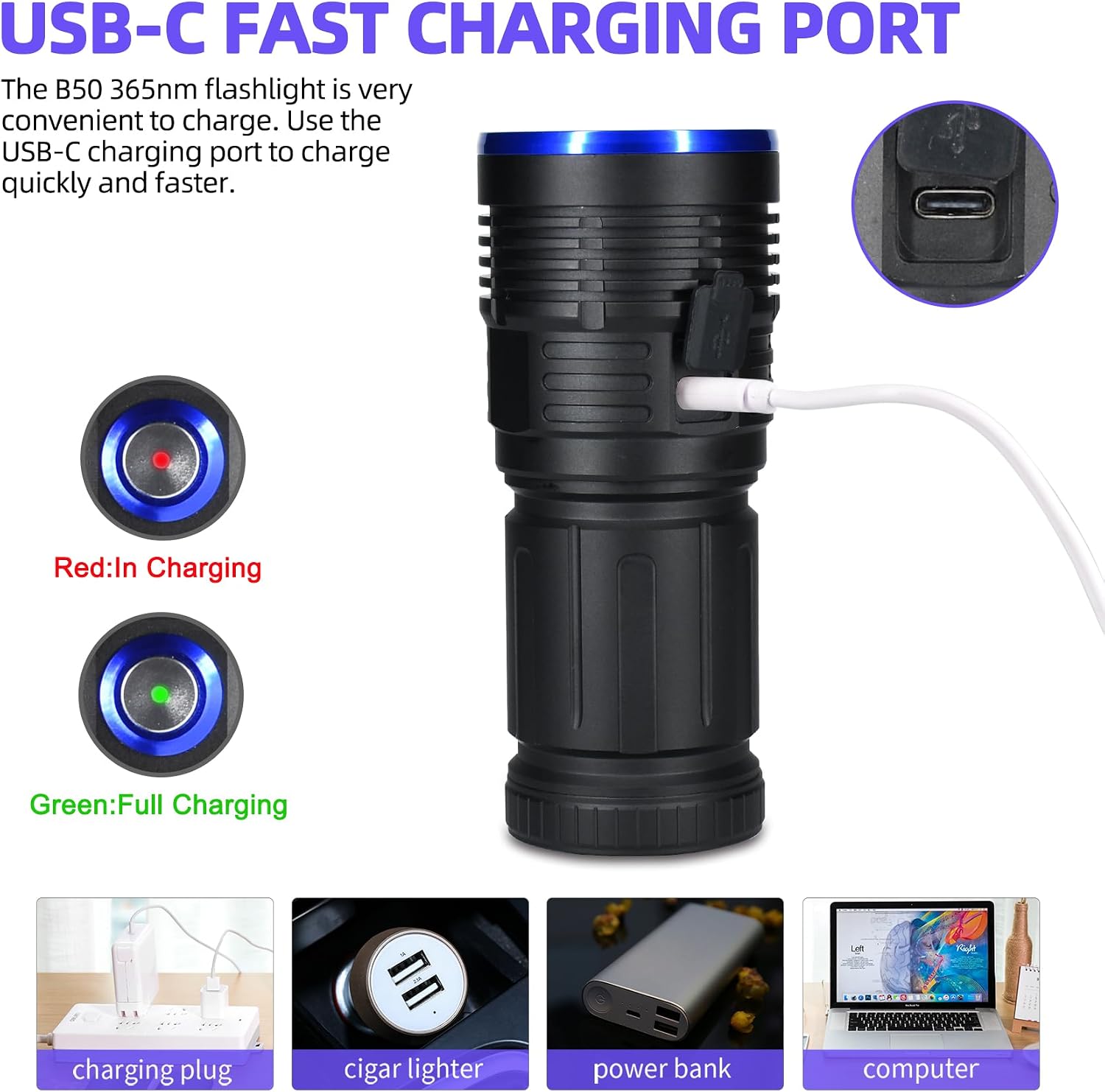 Detalle 2 de DARKBEAM B50-365nm UV-ficklampa 365 nm med USB-C och fyra LED-lampor