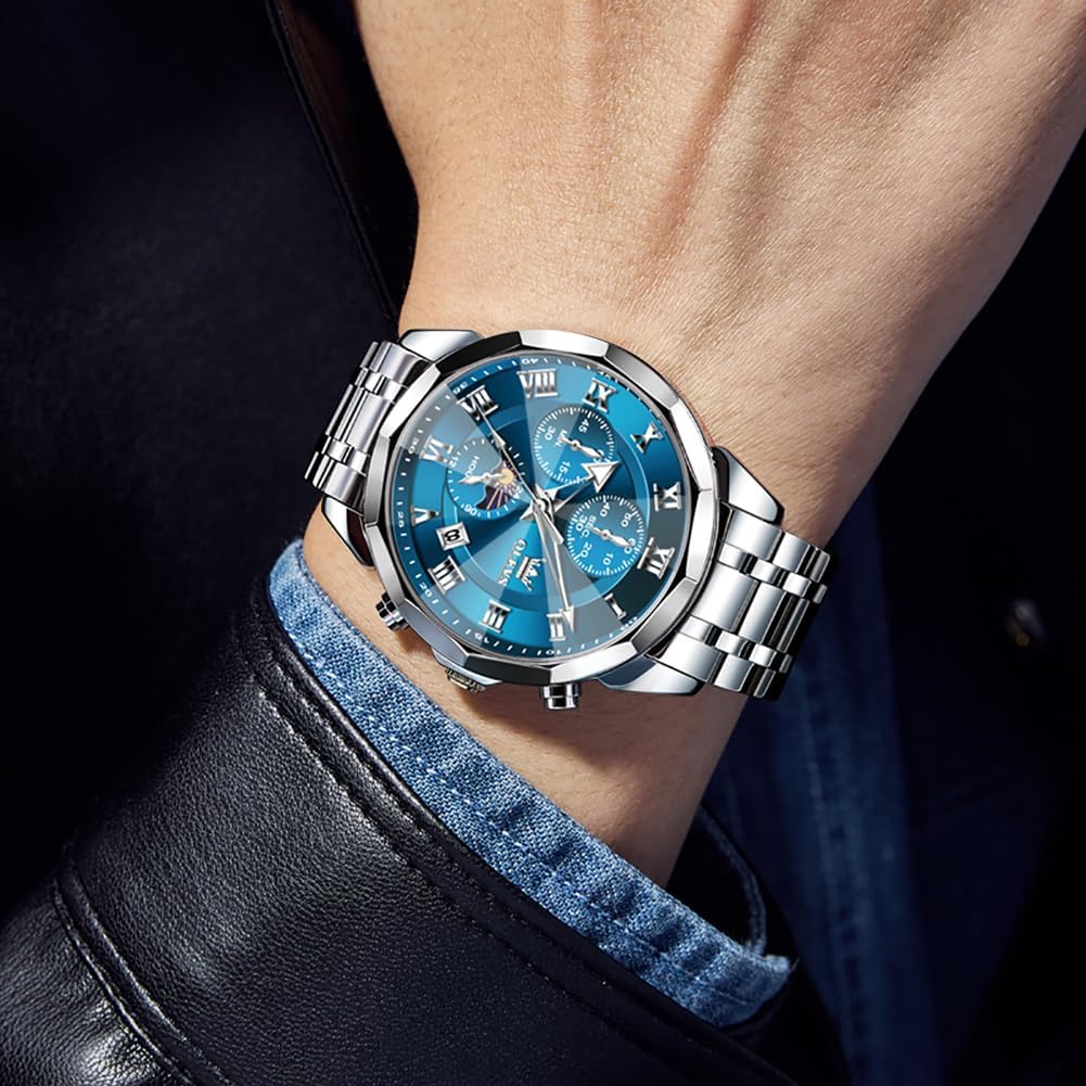 Thumbnail 4 de OLEVS Herren Uhr Quarz Luxus – Multifunktion Chronograph Mondphase, Edelstahl, 3 ATM