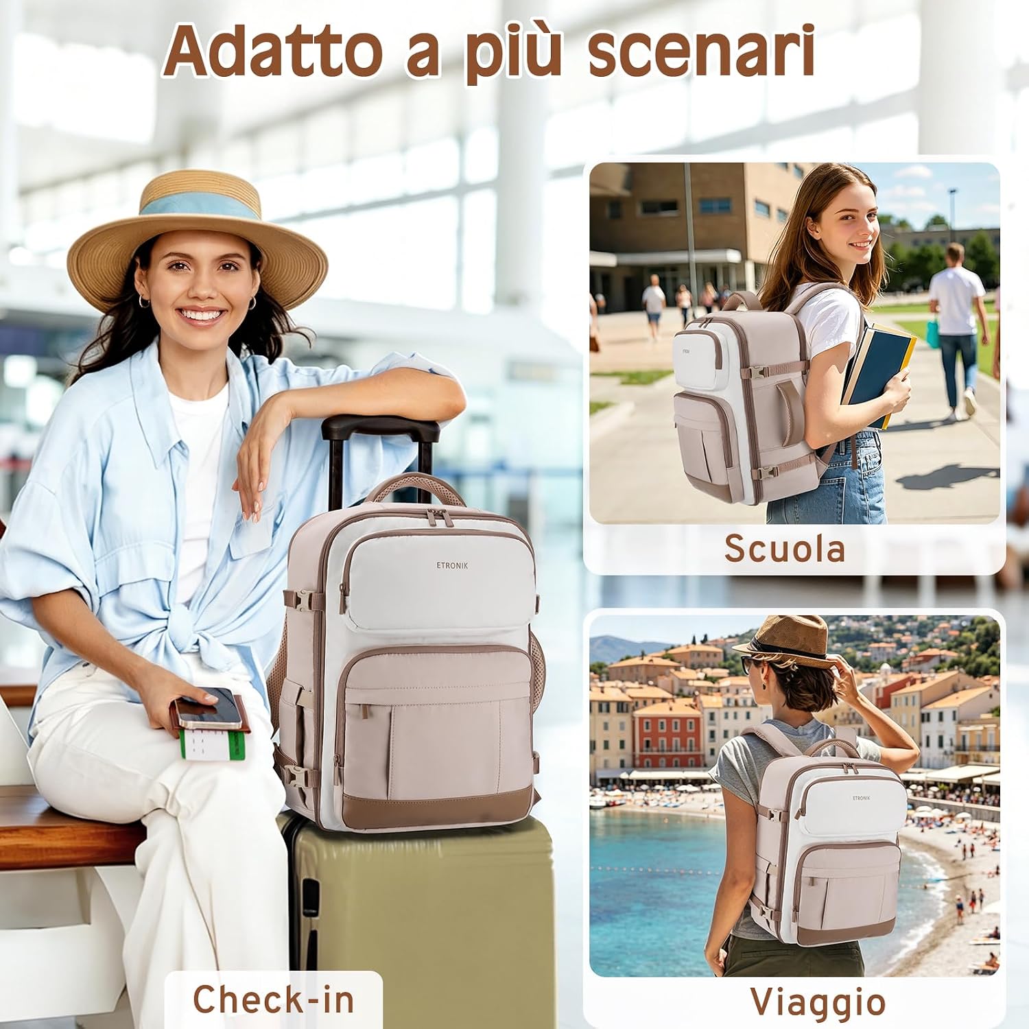 Detalle 2 de ETRONIK Zaino Ryanair 40x30x20 cm, 24 L: zaino da viaggio impermeabile con scomparti per PC fino a 15