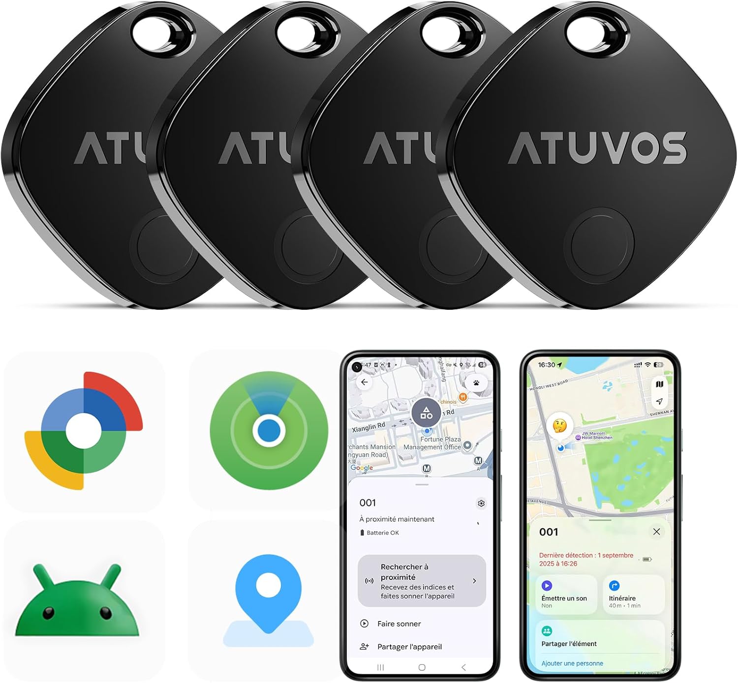 ATUVOS Smart Tag 4‑pack : traceur Bluetooth double écosystème pour clés, portefeuilles et bagages