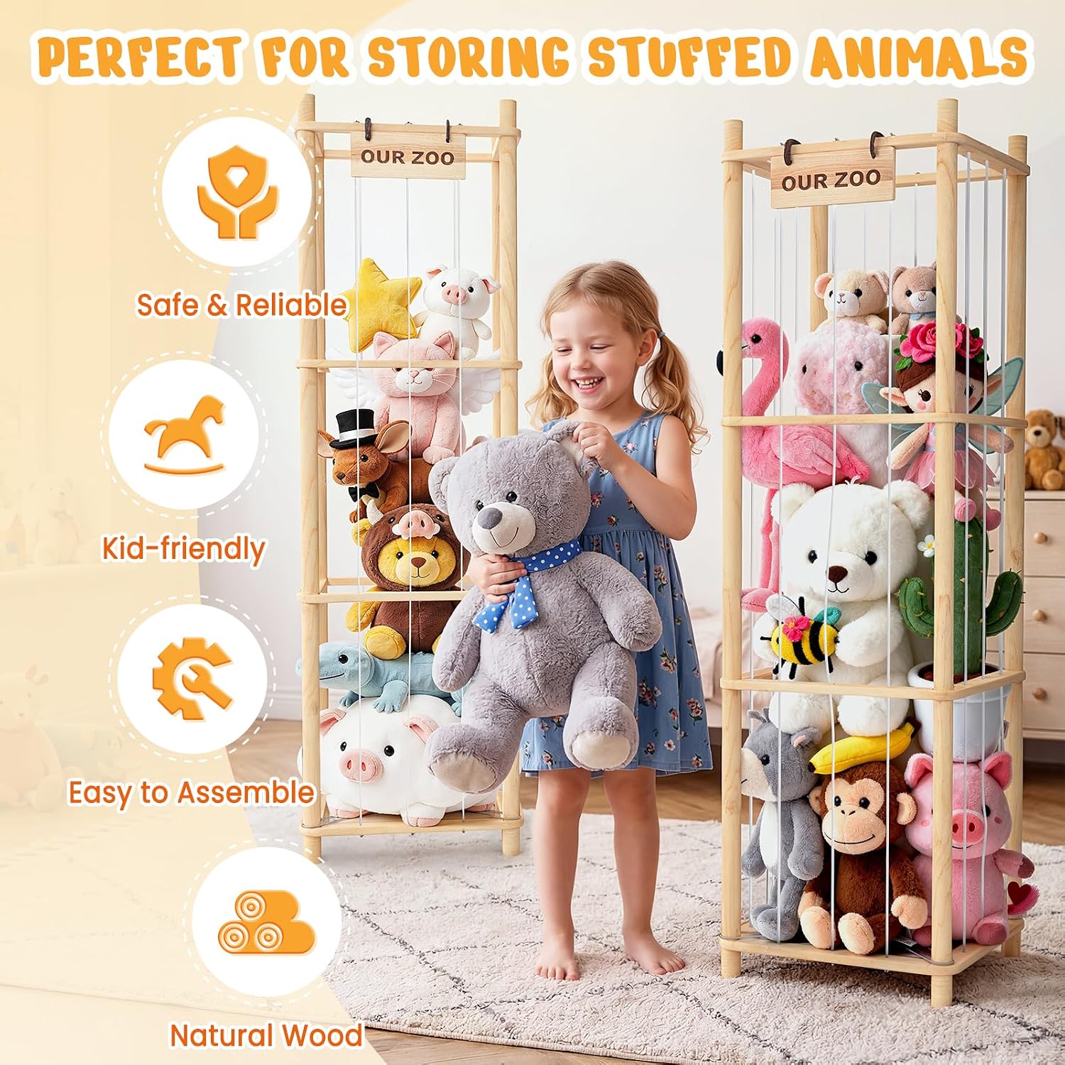 Thumbnail 1 de Woodure WDUS2170 Stuffed Animal Organizer Set, 2-Piece Wooden Zoo Storage