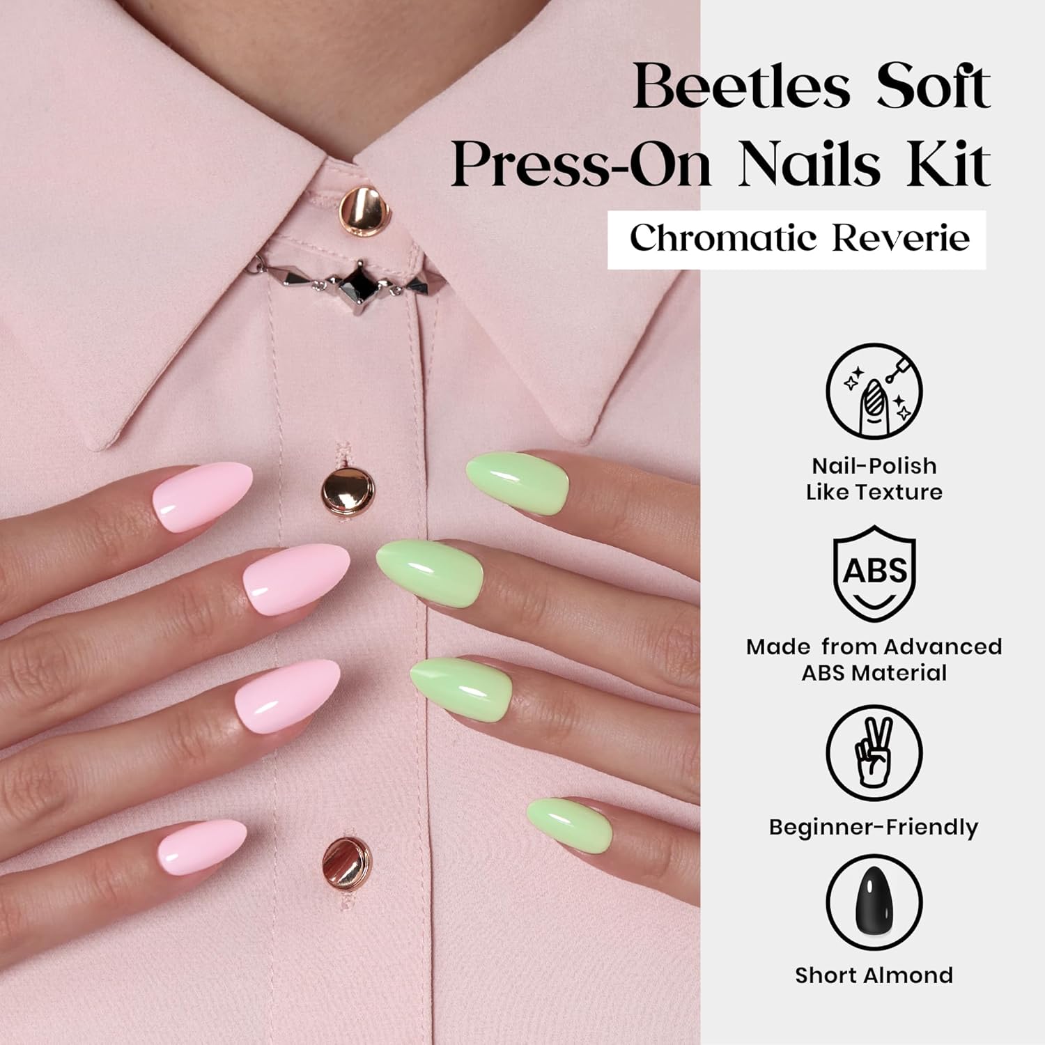Detalle de Beetles PP036 Chromatic Reverie Press-On Nails Kit, 24 Colors, Short Almond