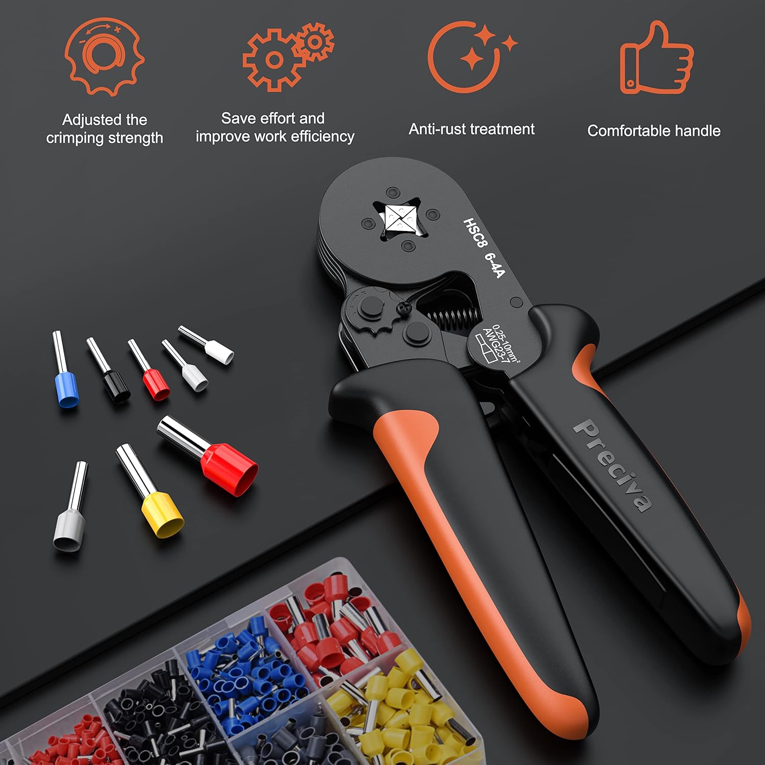 Detalle de Pince à sertir 0,25–10 mm² avec 2 000 cosses à viroles (Preciva, AWG23-7)