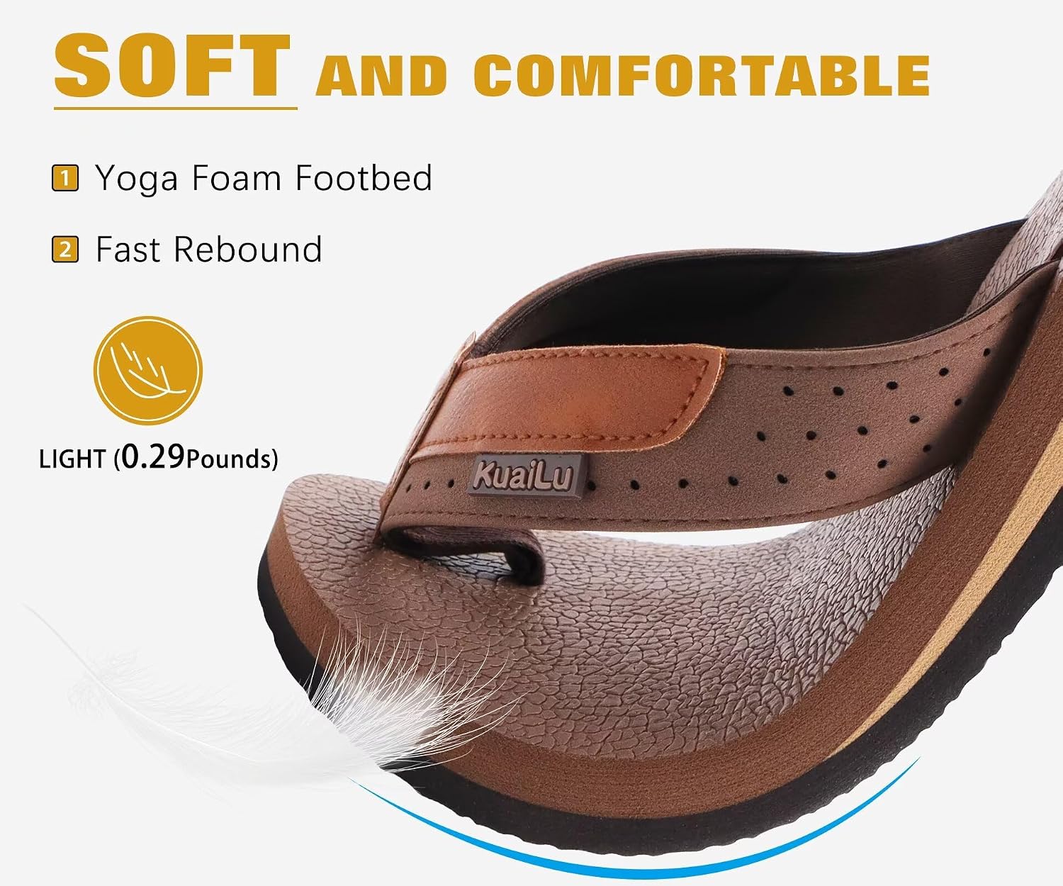 Detalle de KuaiLu men’s flip flops with arch support, faux leather straps and cushioned yoga-foam footbed