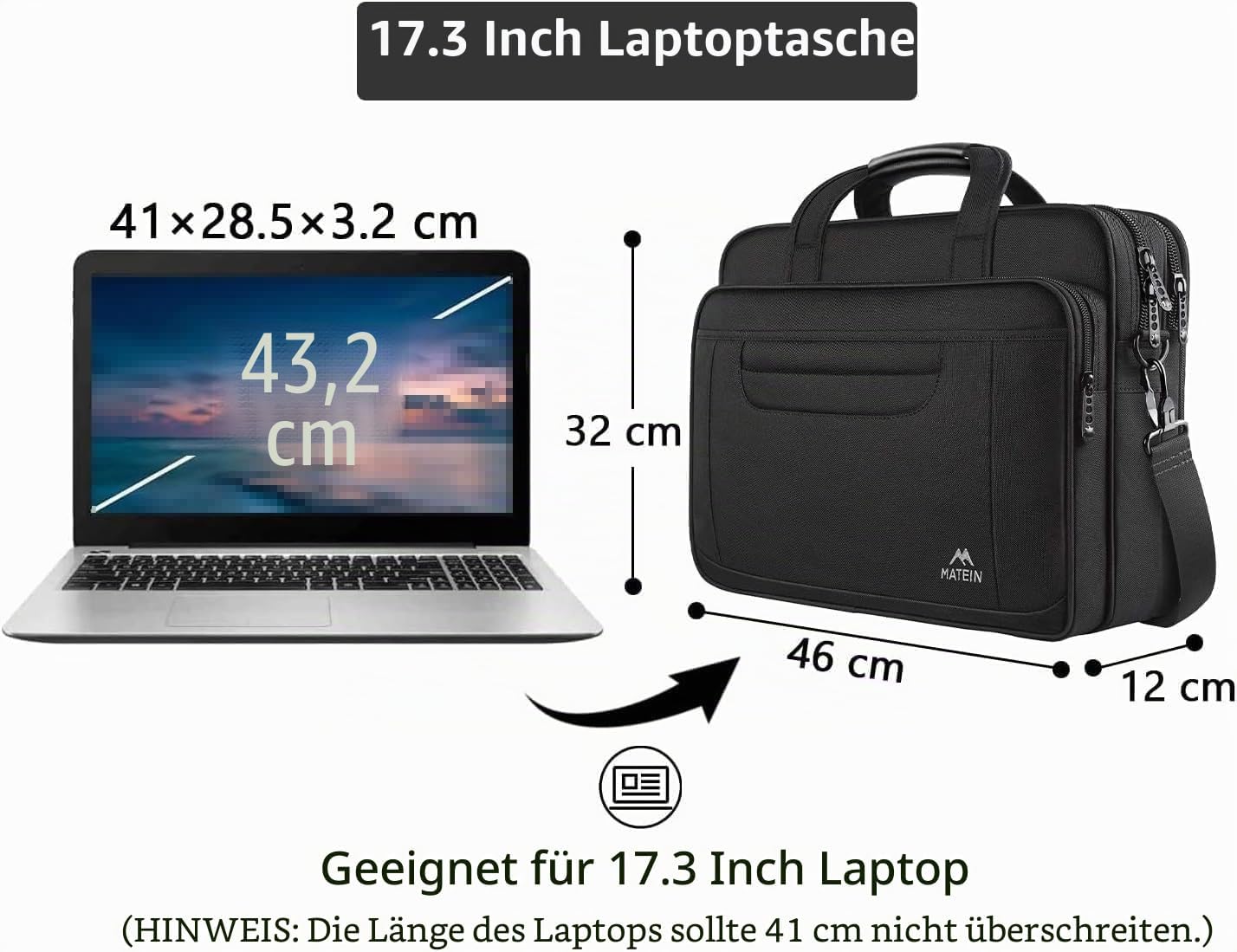 Detalle de MATEIN Laptoptasche 17,3 Zoll wasserdicht