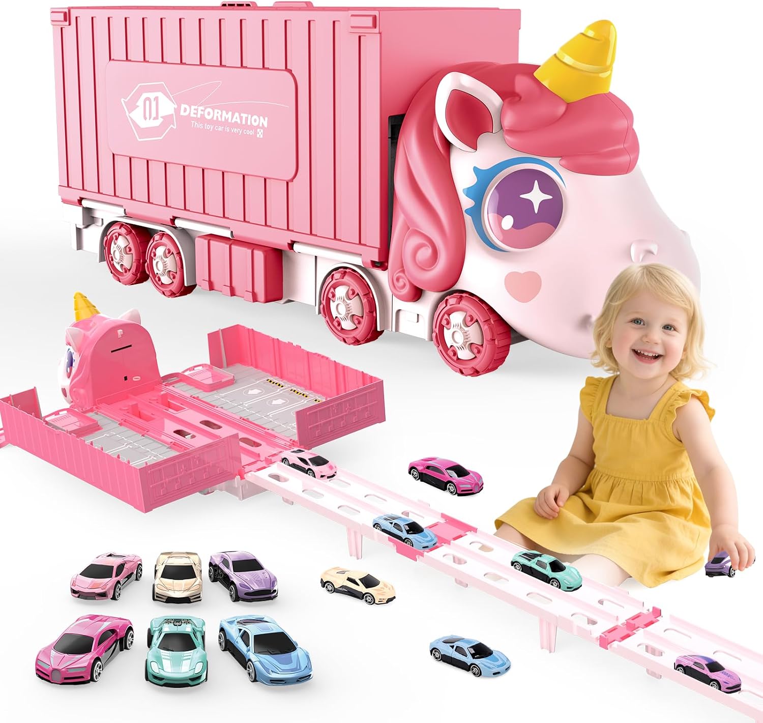 Detalle de RUIDYA Unicorn Transport Truck Toy with Foldable 160cm Race Track and 6 Die-Cast Cars