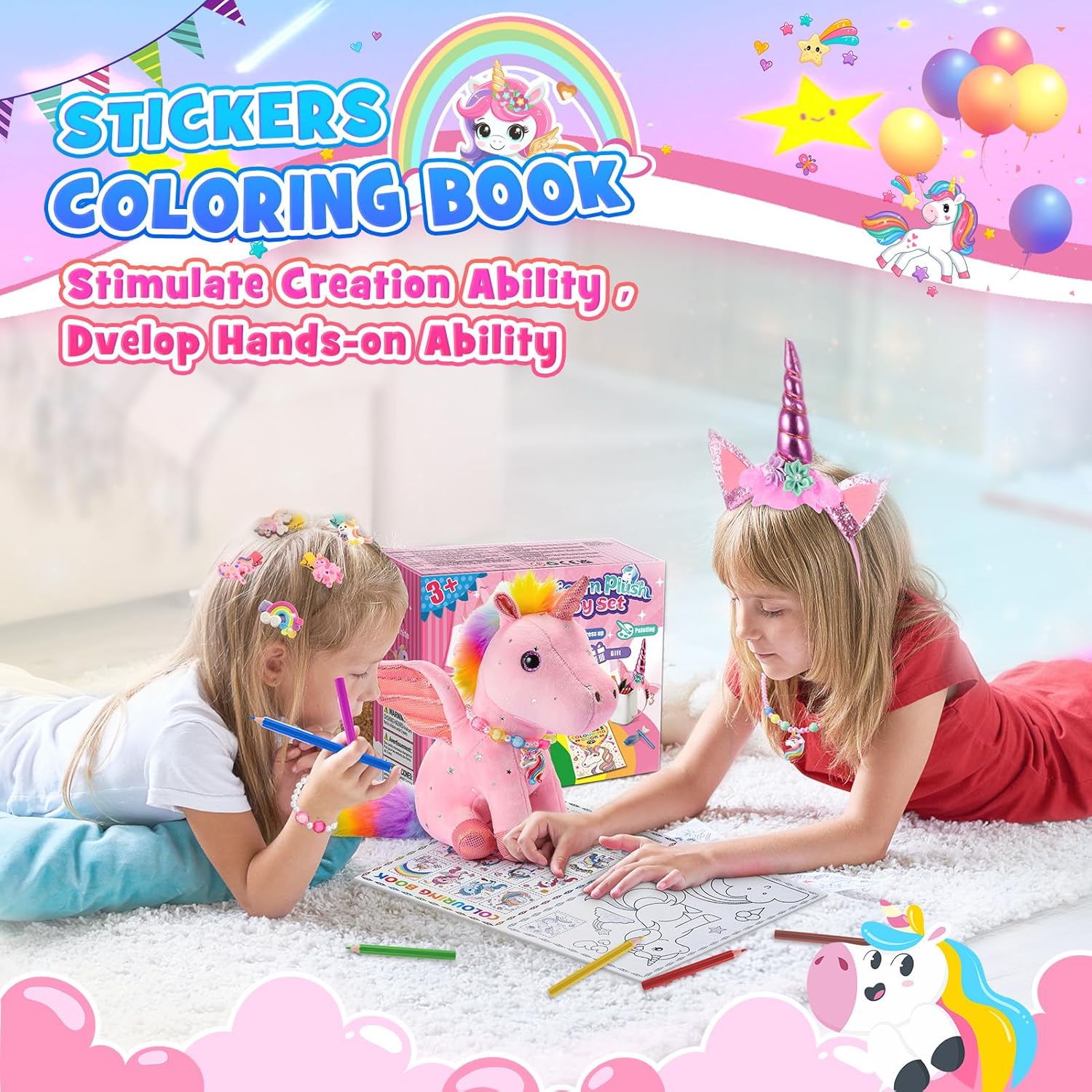 Thumbnail 3 de EUCOCO unicorn plush toy set for 3–8 year old girls (ages 3, 4 & 5) with colouring book and accessories