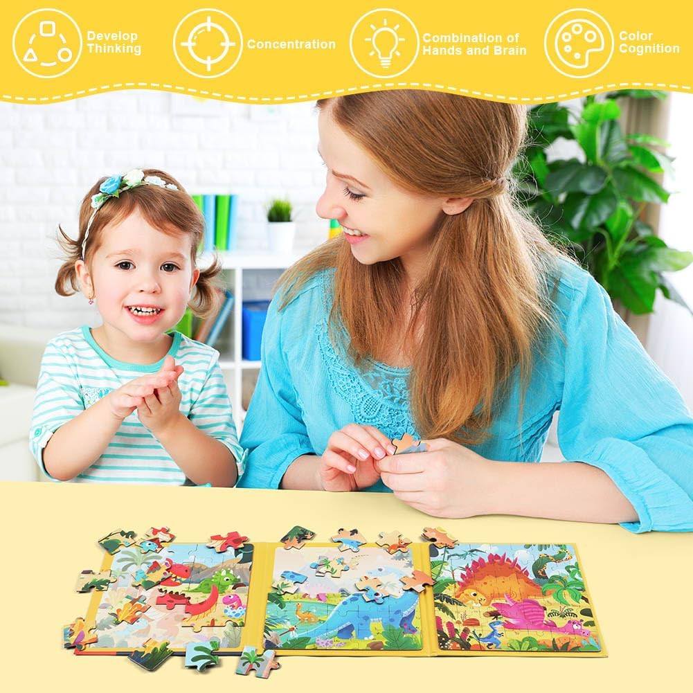 Detalle 2 de Puzzle magnetici Aolso in scatola-latta per bambini 3-7 anni: gioco Montessori con dinosauro e animali