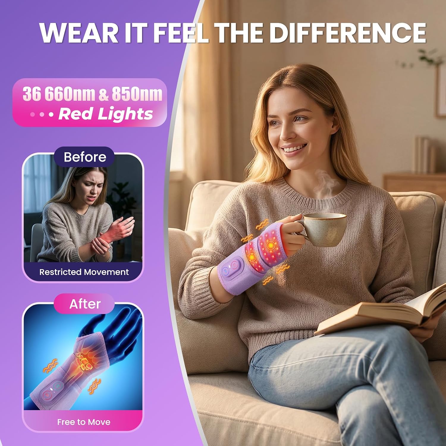 Detalle de WoloyHeatie Cordless Heated Wrist Wrap, Purple, 3 Heat and Vibration Levels