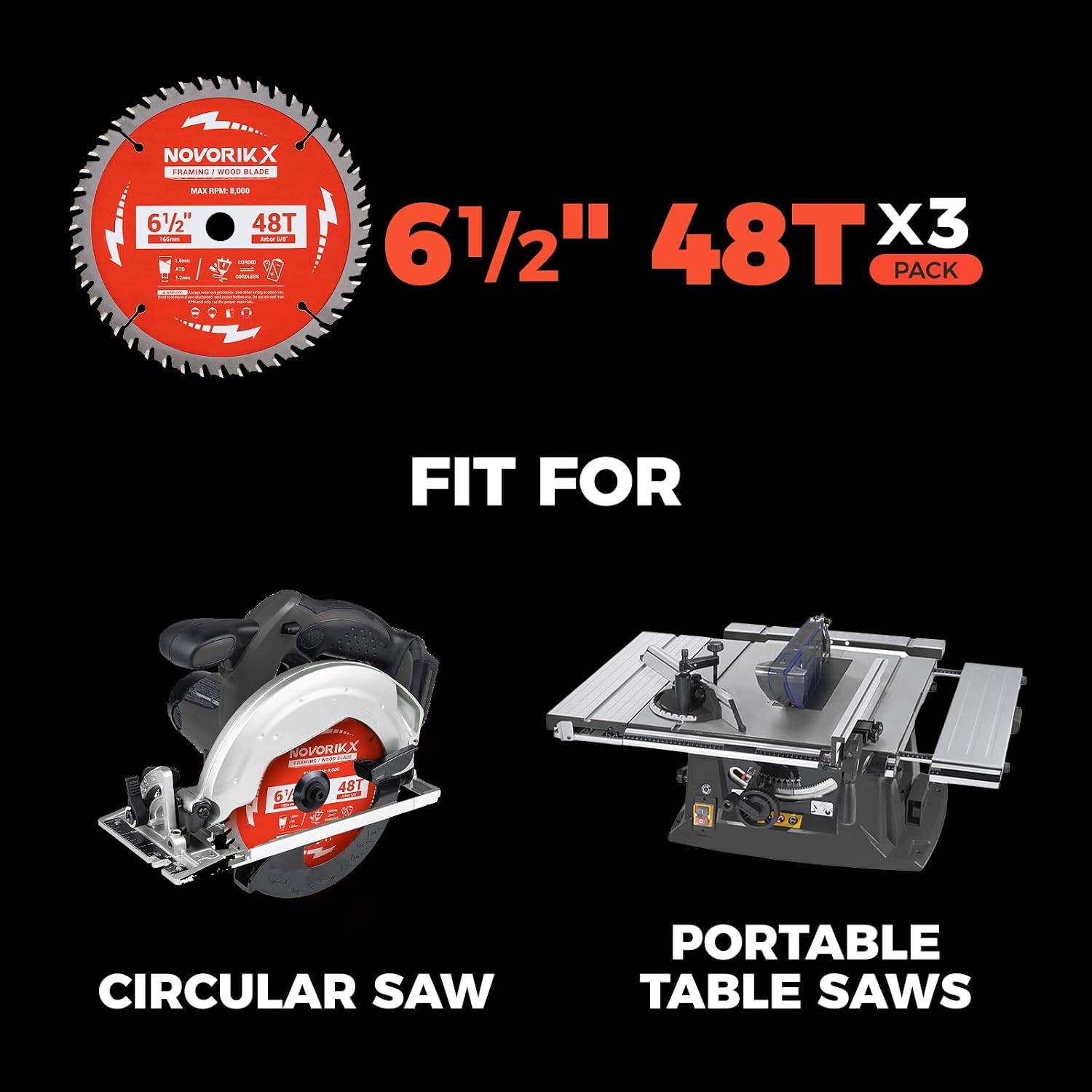Thumbnail 4 de NovorikX 6-1/2" 48T Tungsten Carbide Circular Saw Blades (3-Pack) – 5/8" Arbor, Thin Kerf