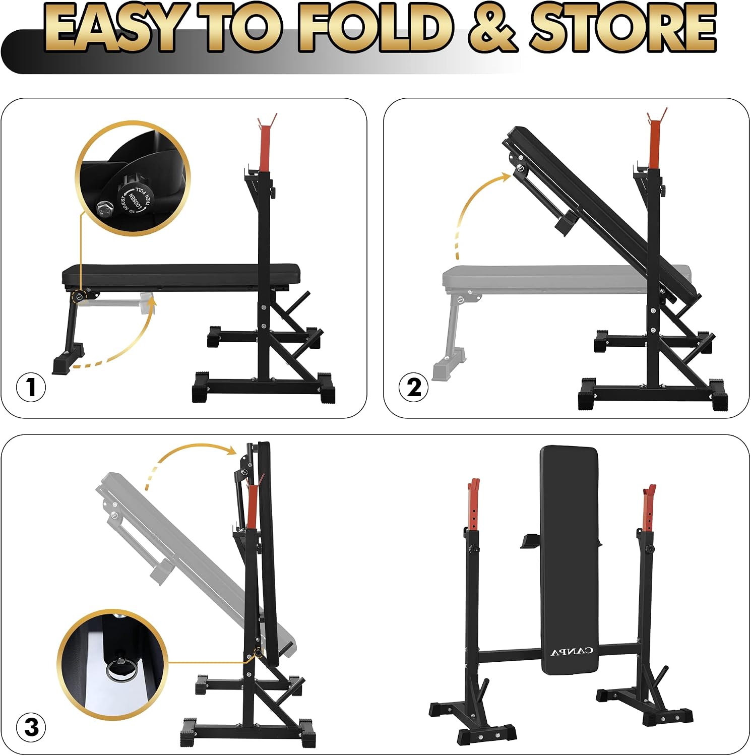 Detalle de CANPA Olympic Weight Bench with Adjustable Squat Rack, Foldable Red Frame