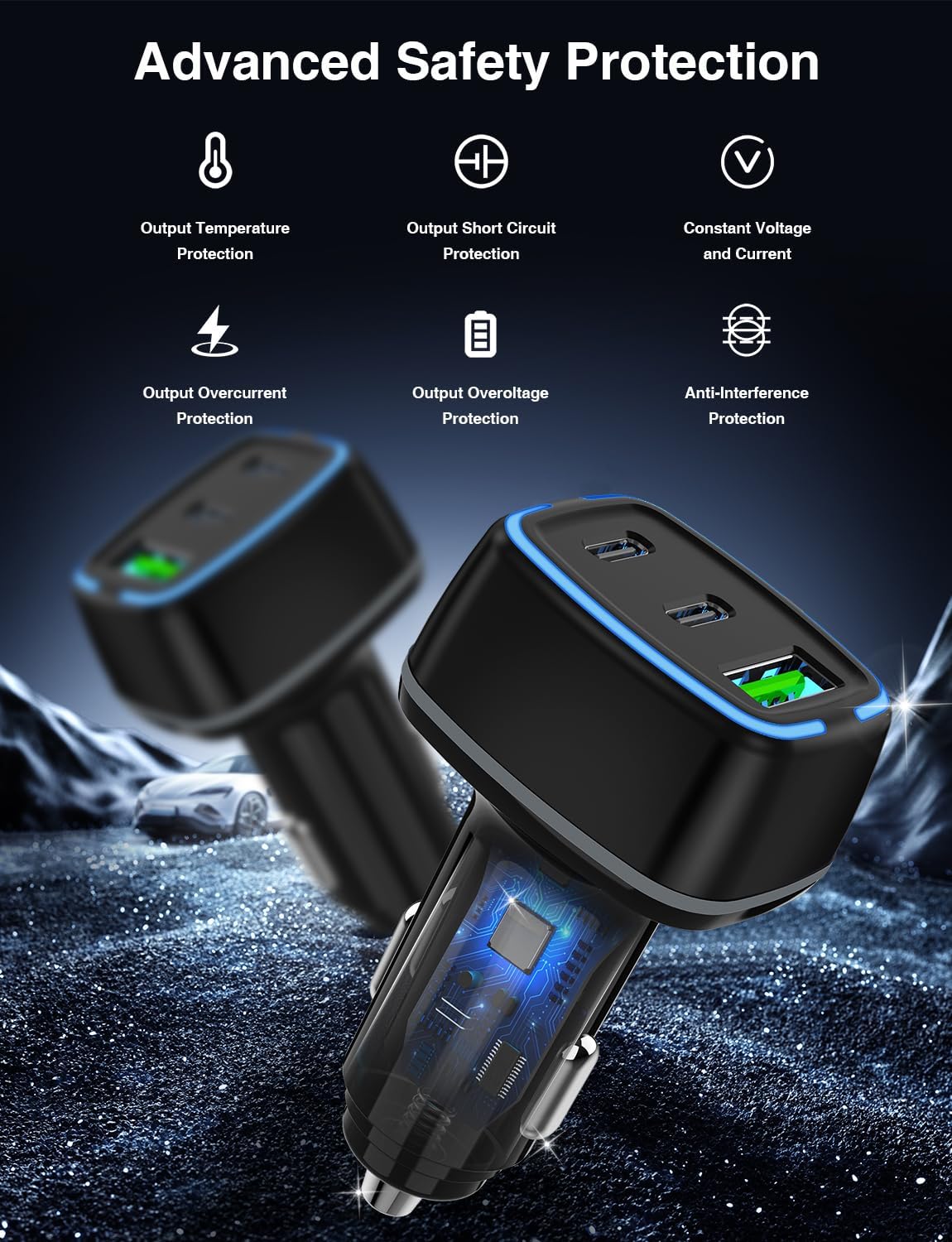 Detalle de QZVOO ZYH-C28 75W 3-Port USB-C Car Charger with Four Cables