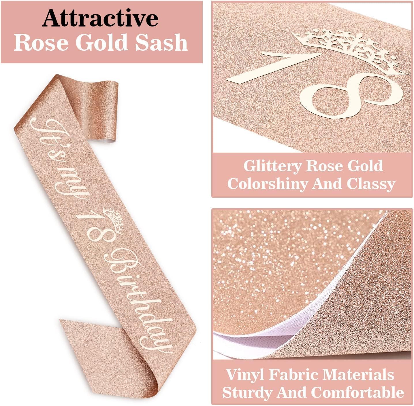 Detalle de 18th Birthday Decorations for Girls Set – Rose Gold 18 Tiara & Sash, Cake Topper, Candles, 18 Balloons