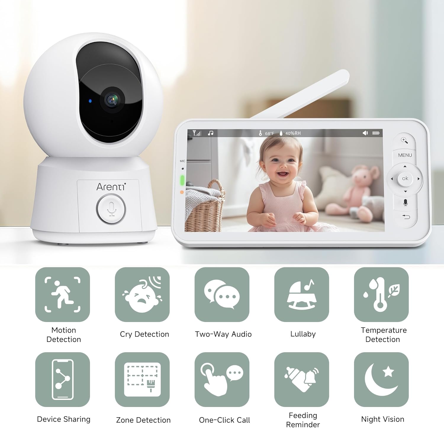 Detalle de ARENTI 1080P Wi‑Fi Smart Baby Monitor 3350mAh 👶🏻