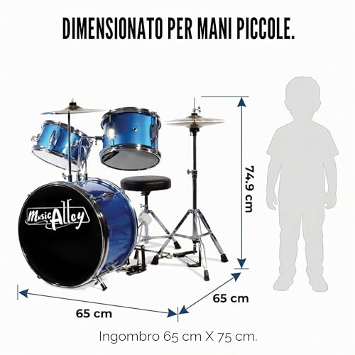 Detalle de Music Alley Batteria per Bambini 3 Pezzi con Sgabello e Piatto, Blu