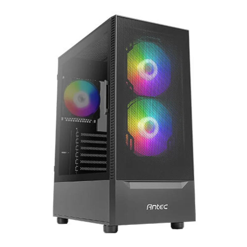 Detalle de Antec NX410: torre gaming en gris con ARGB, USB 3.0 y refrigeración líquida hasta 360 mm