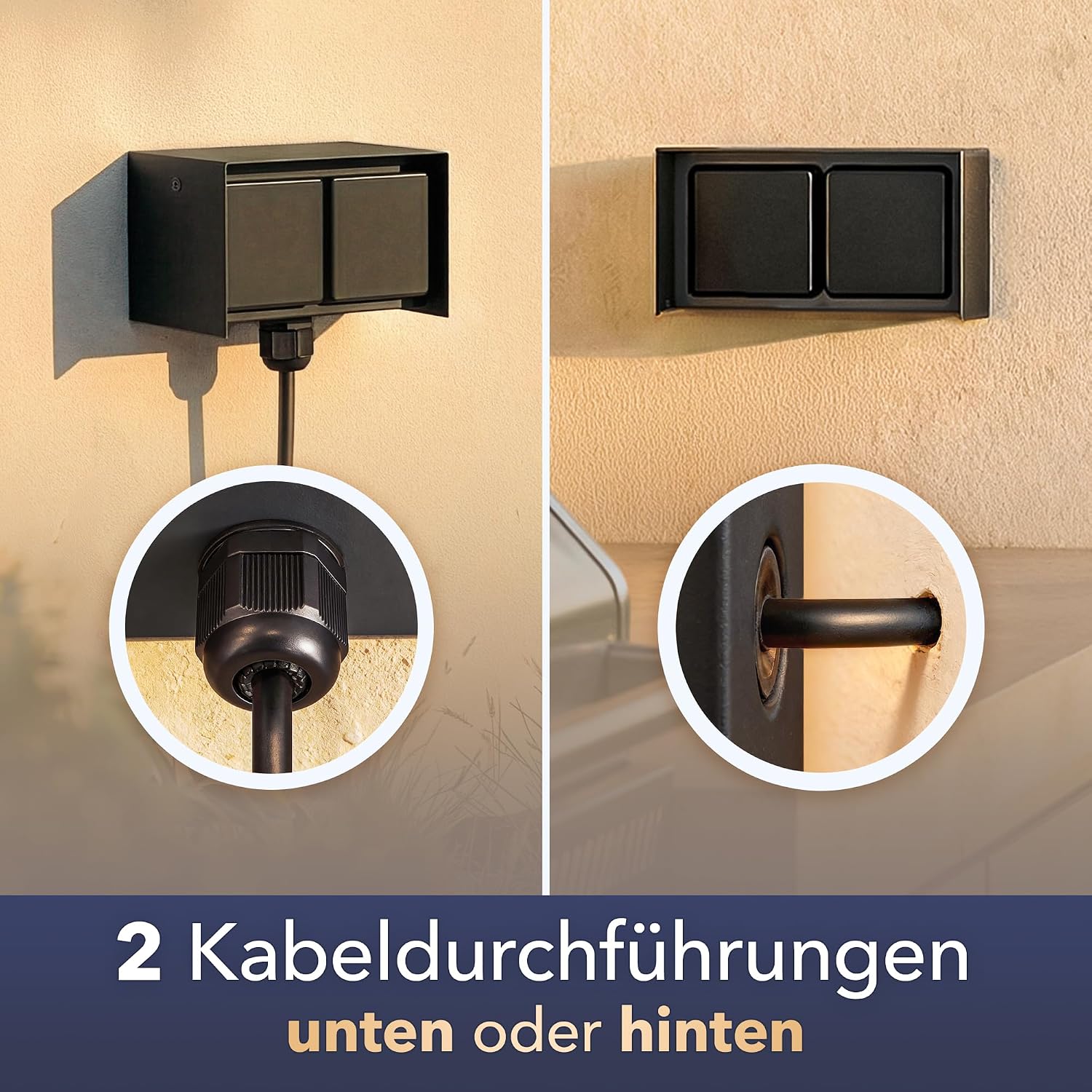 Detalle 2 de ledscom.de Außensteckdose 2-fach STEDDA, IP44, Edelstahl schwarz (waagerecht) – für Garten & Terrasse