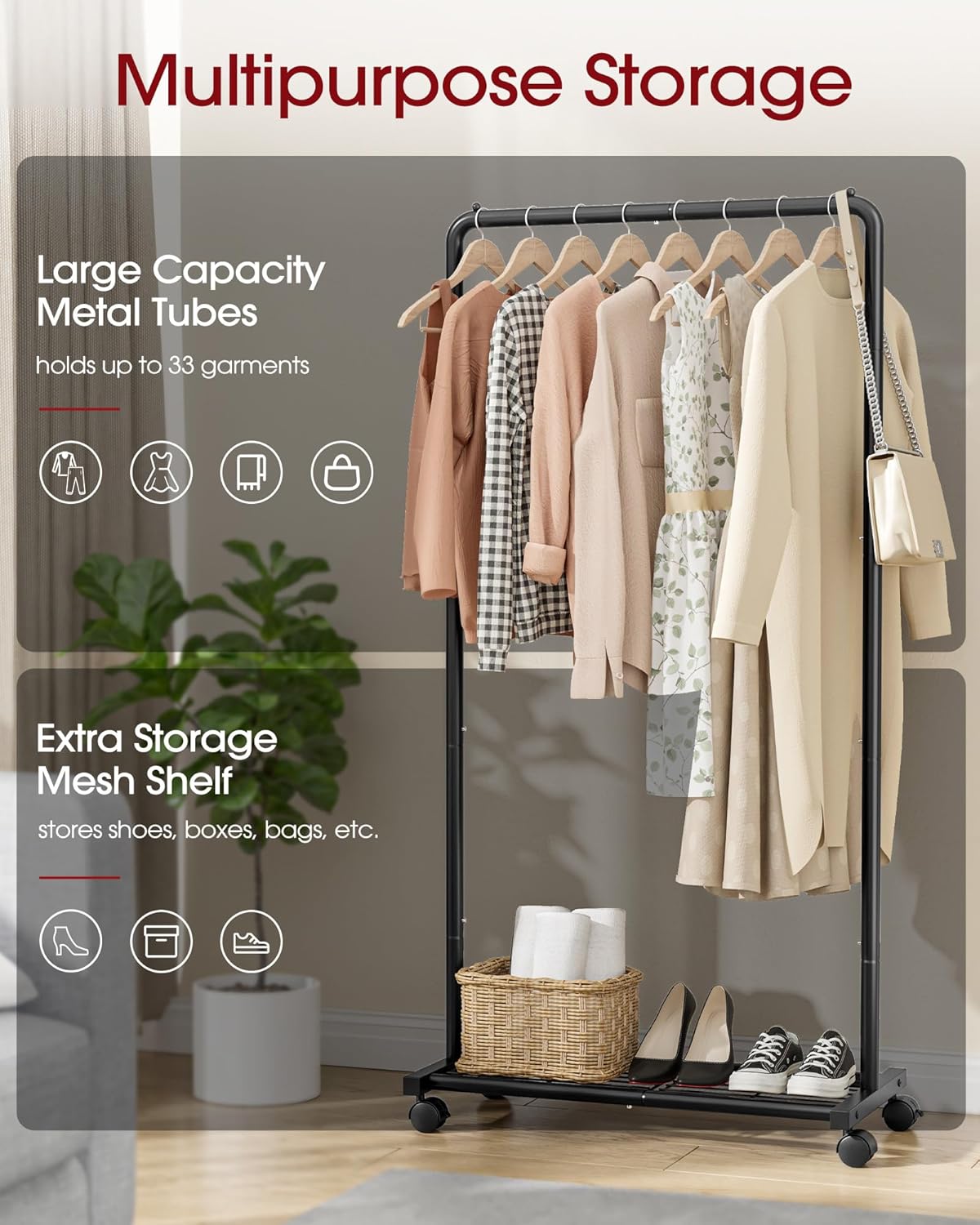 Detalle de Sakugi Clothes Rack with Storage Mesh Shelf & Casters