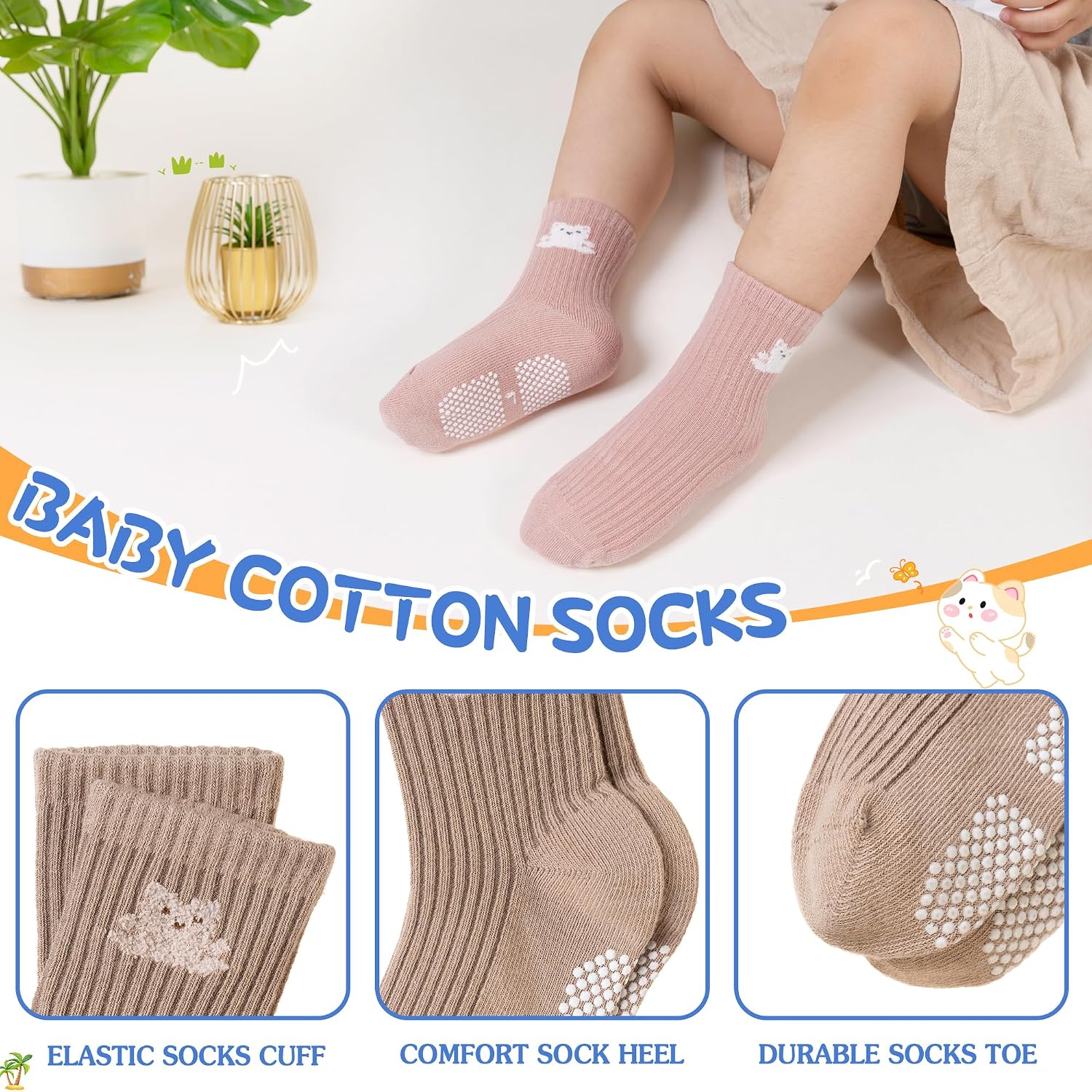 Detalle de SEEYAN Baby Non Slip Socks Toddler Crew Socks with Grips – 9 Pairs