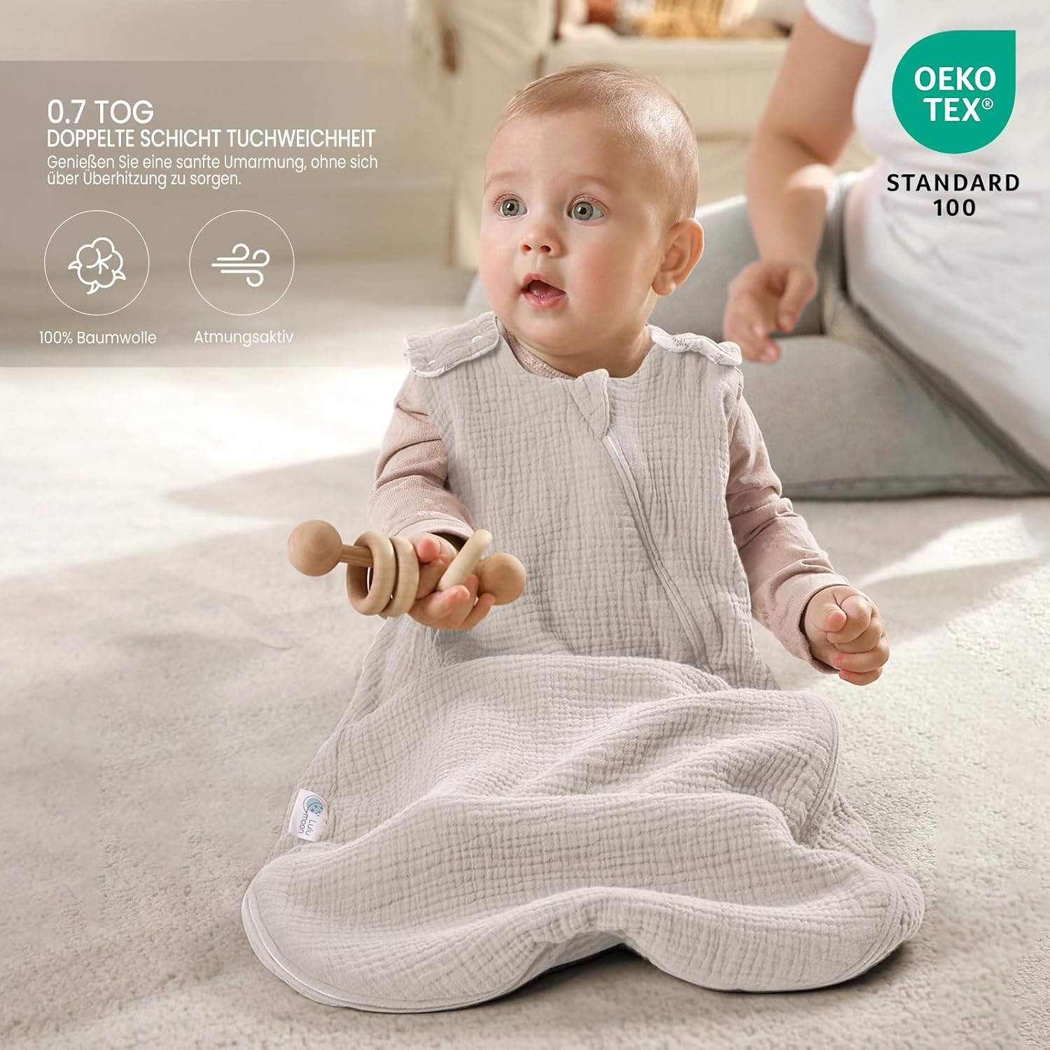Detalle 2 de lulumoon Baby Schlafsack aus Musselin – Ganzjährig, 80–90 cm, 15–24 Monate