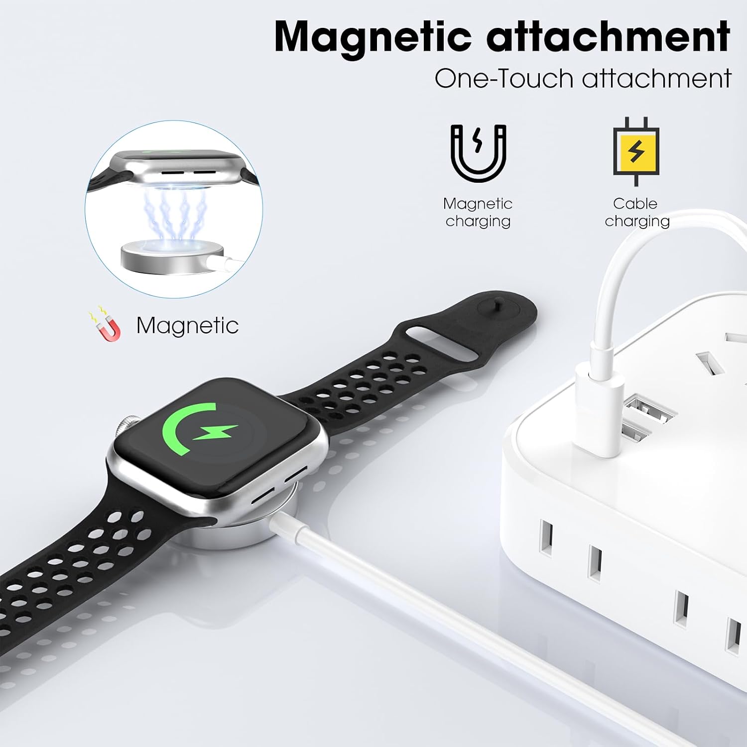Detalle de 2-Pack USB‑C Fast Apple Watch Charger Set for Magnetic Charging (1M) – Compatible with iWatch Ultra to Series 1–8