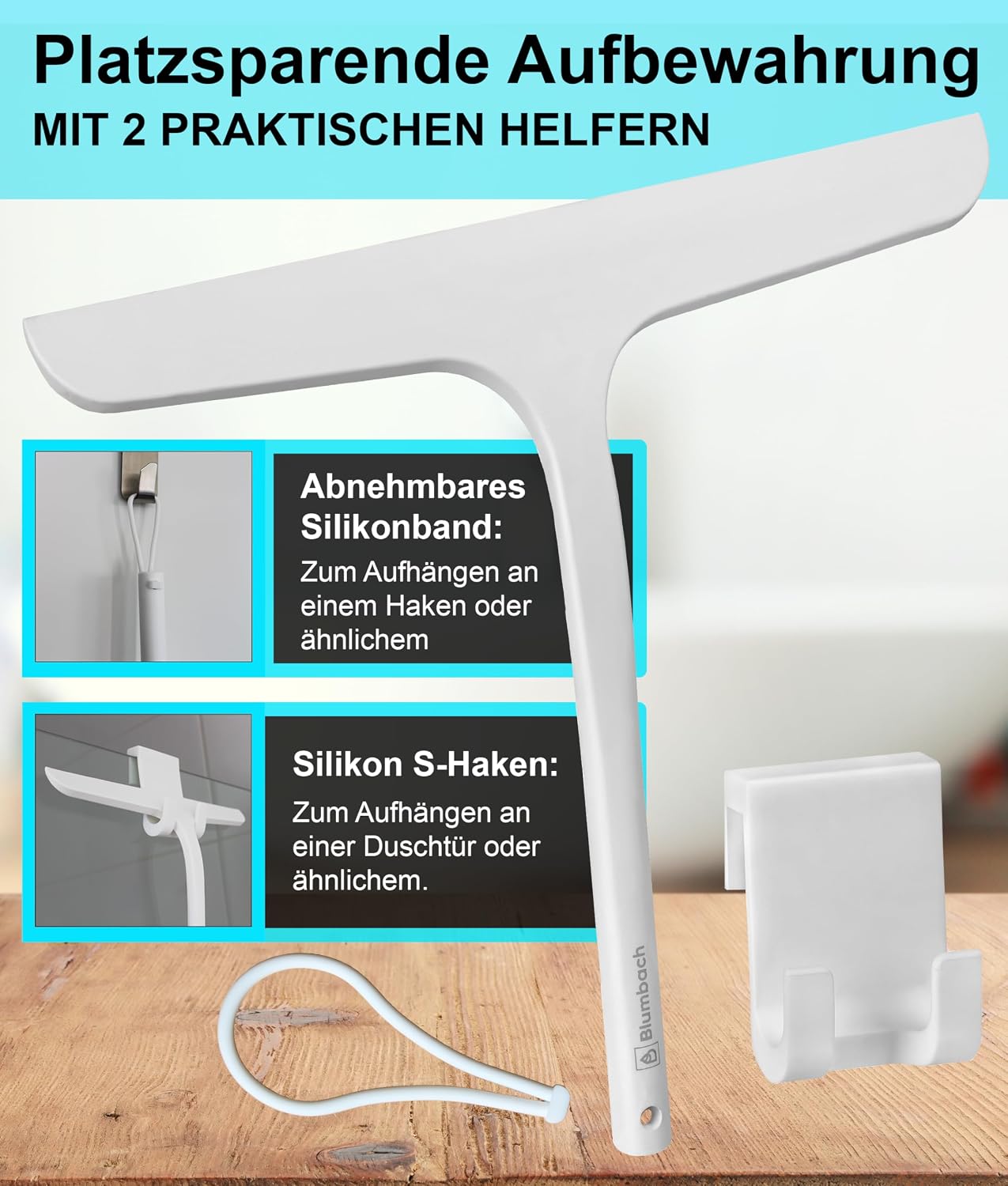 Detalle 2 de BLUMBACH Abzieher für Dusche mit Halterung – Duschabzieher aus Silikon und Edelstahl, 28 cm breit (weiß)