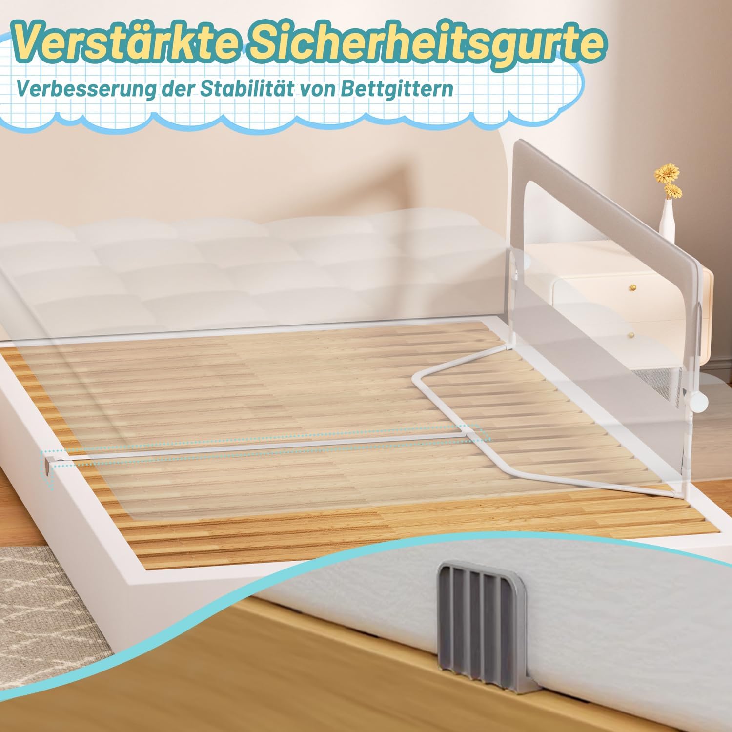 Thumbnail 4 de Tubiaz 200cm Bettgitter Rausfallschutz – höhenverstellbar, 180° Klappbar, Trapezfüße, Grau
