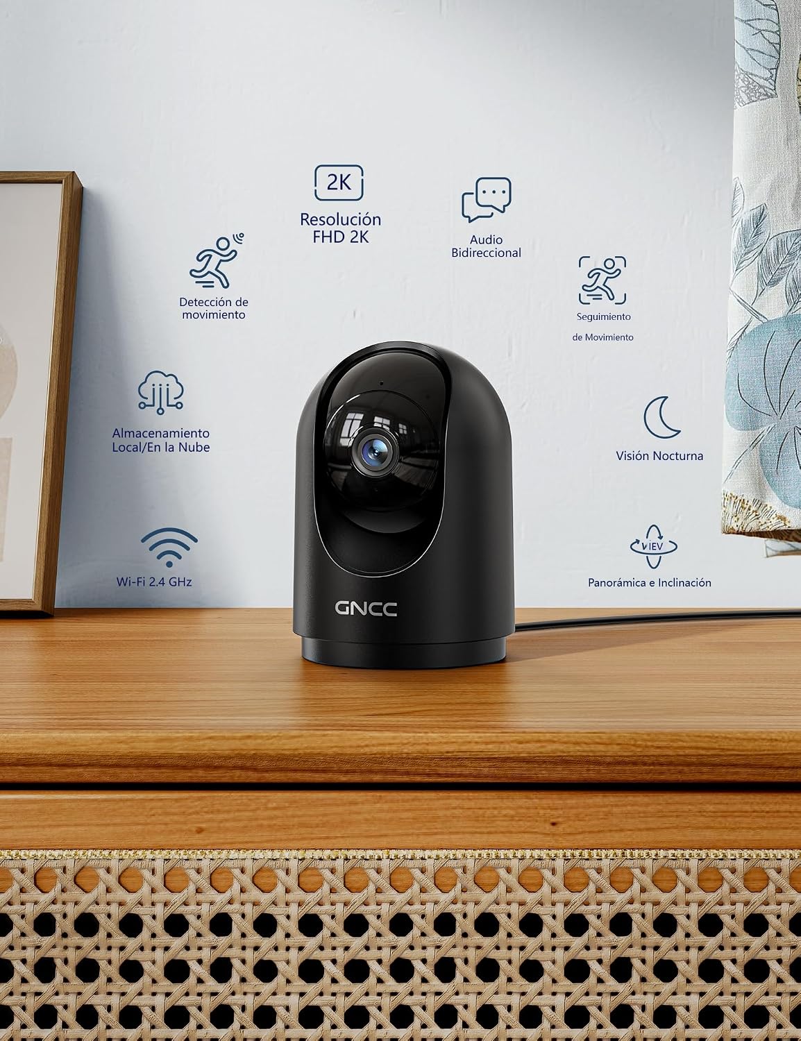 Detalle de GNCC 2K Cámara Vigilancia WiFi Interior para Mascotas: 360° de seguimiento, visión nocturna y audio bidireccional