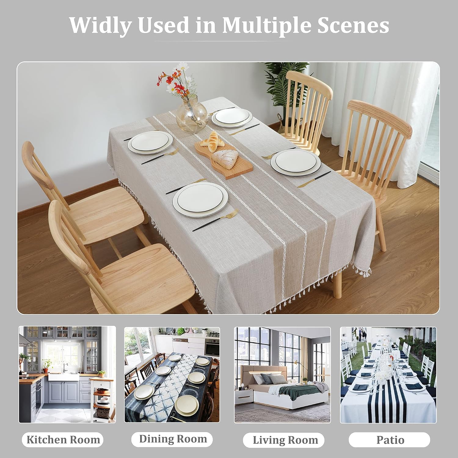 Thumbnail 6 de JIALE Rectangle Tablecloths — Brown Cotton Linen, 55" x 86", Waterproof & Wrinkle-Free with Tassels