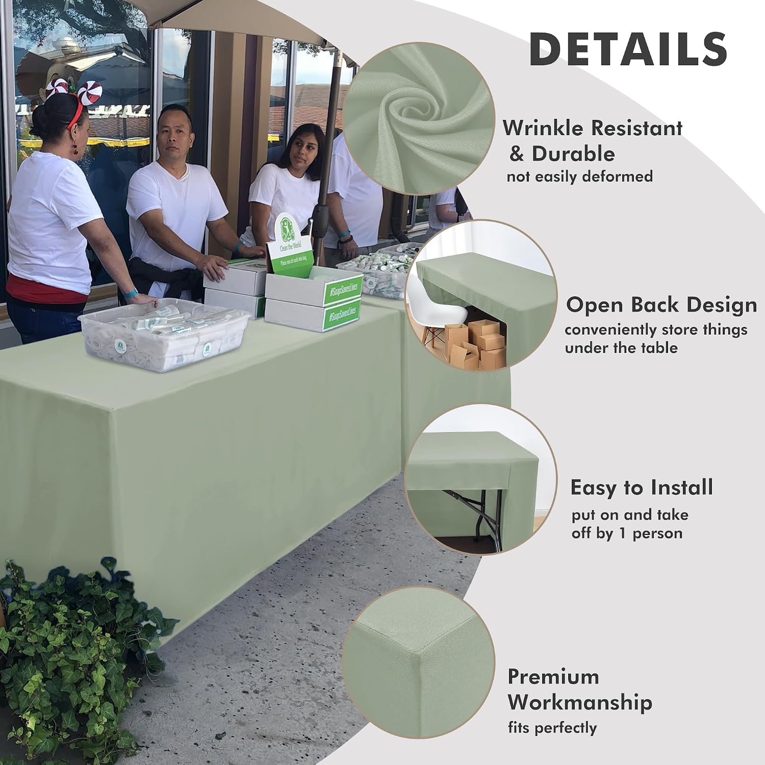 Detalle de Nasitos 2 Pack Sage Green 6ft Open-Back Fitted Table Cloth