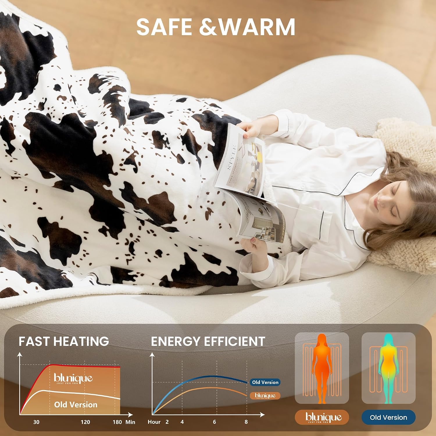 Detalle de blunique Cow Print Heated Throw with 10 Heat Levels ⚡
