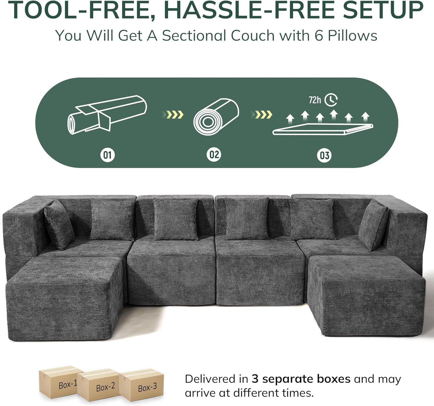 Detalle de MONVANE SF03-GR Modular Sectional Sofa, 130-Inch Chenille, Memory Foam