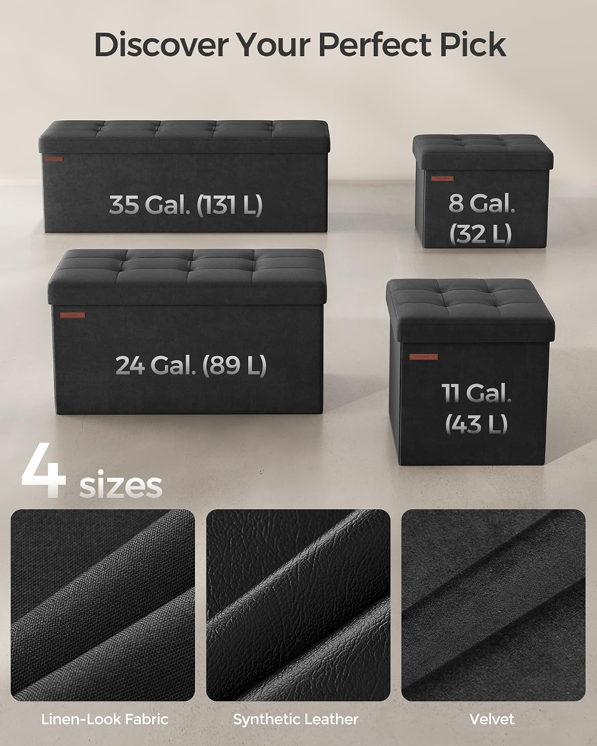 Detalle 2 de SONGMICS Folding Storage Ottoman, 12.2 x 16.1 x 12.2 Inches
