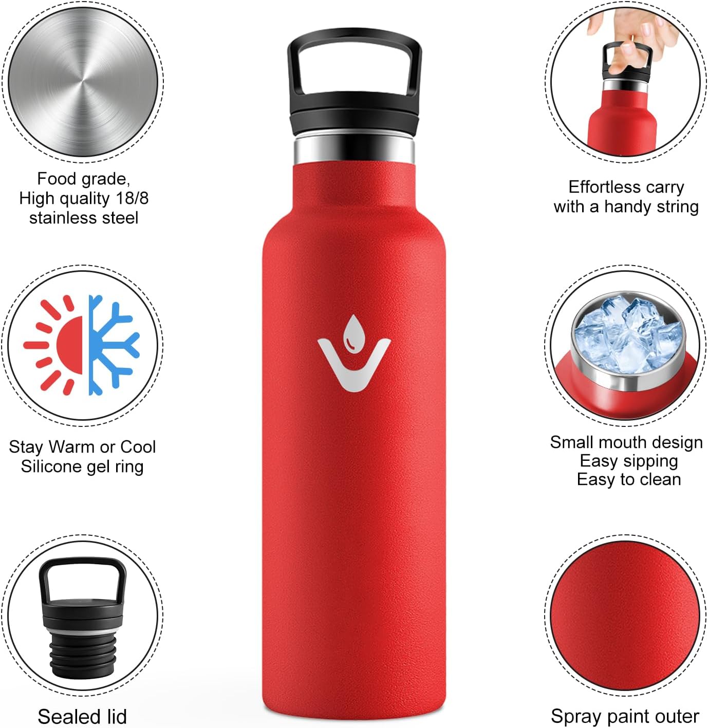 Detalle de Borraccia Acciaio Inox 500 ml con cannnuccia e 2 coperchi riutilizzabile, senza BPA