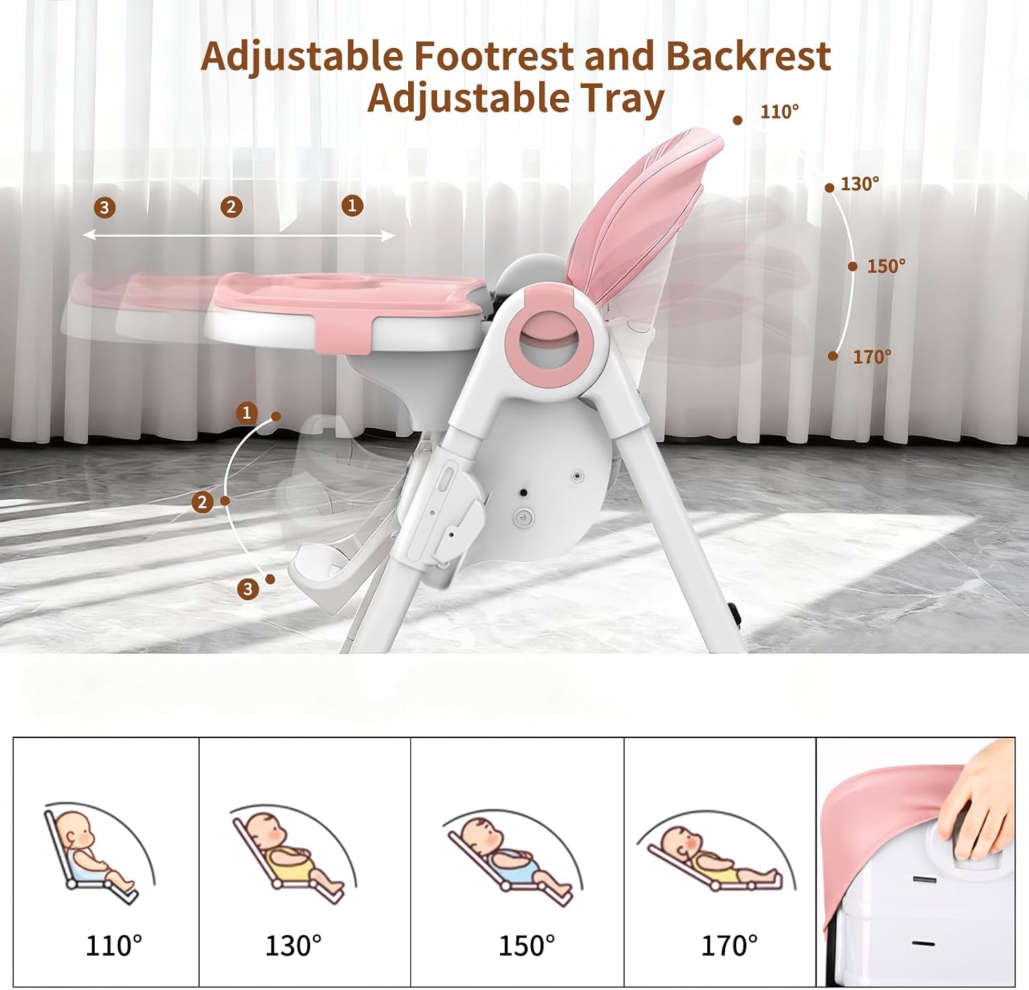 Detalle de babimoni H22-PK 4-in-1 Baby High Chair, Foldable with 3 Recline Levels
