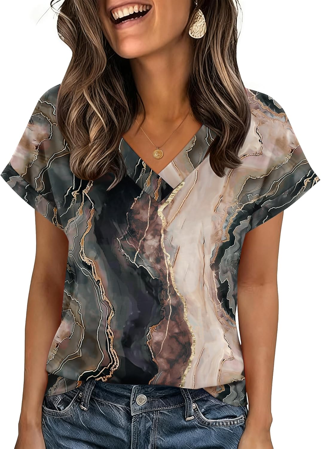 Detalle de Zeagoo Rolled Sleeve V‑Neck Top