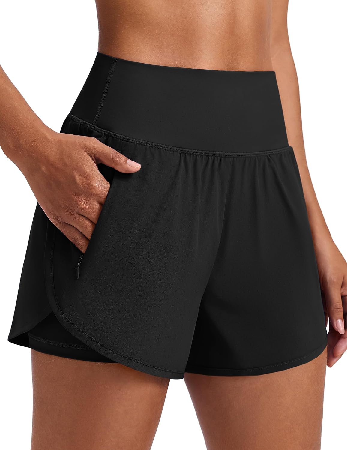 Detalle de PINSPARK Women's 2 in 1 High Waisted Athletic Running Shorts 3" Dolphin Hem