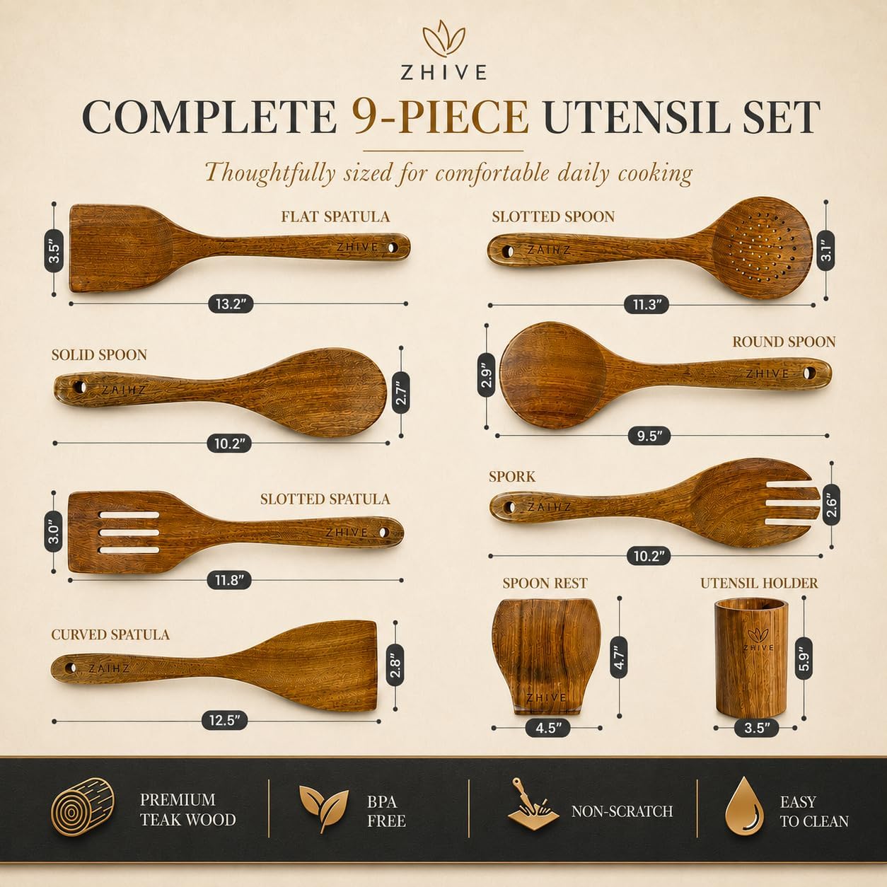 Detalle de ZHIVE Teak Wood Cooking Utensil Set