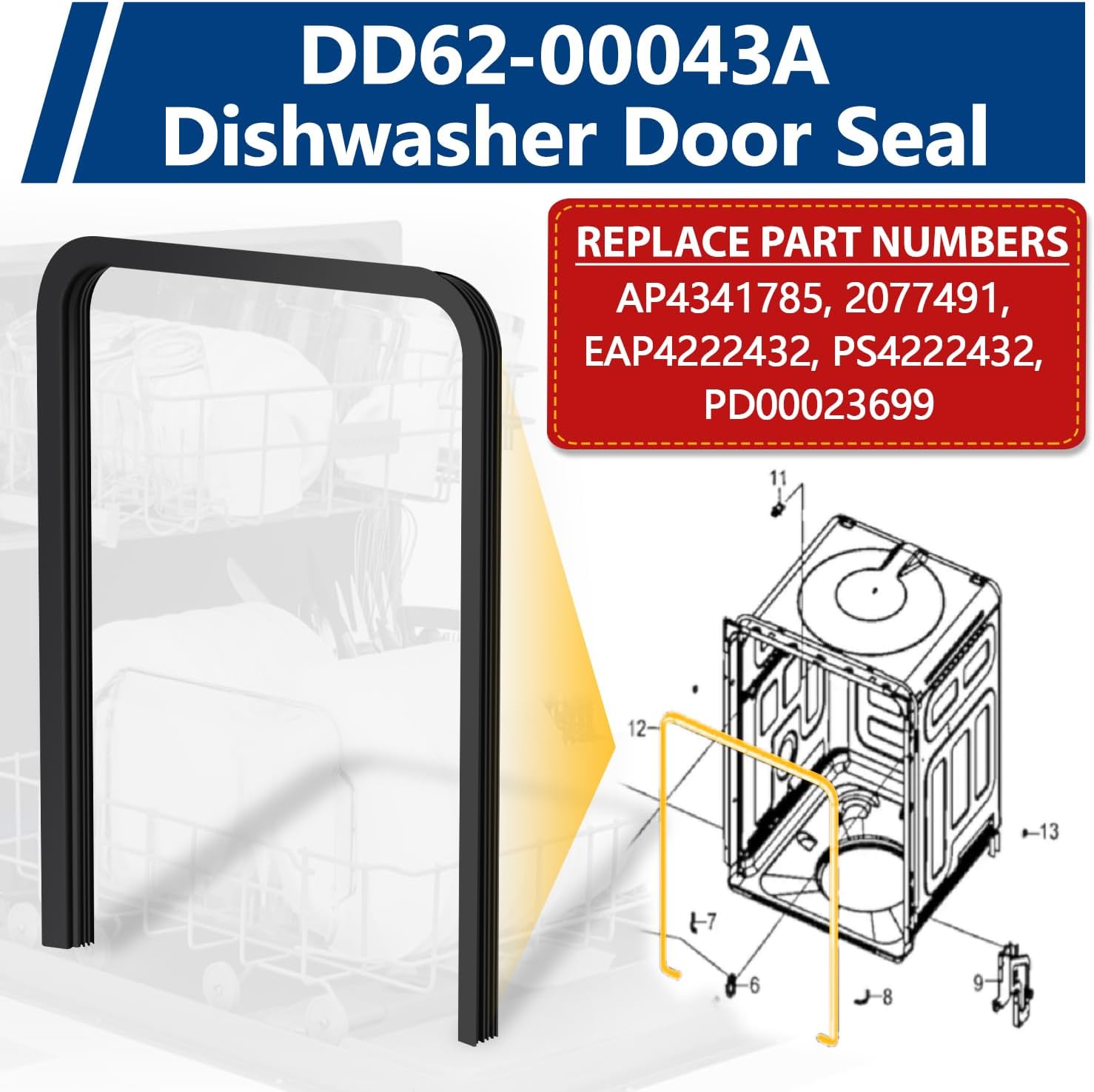 Detalle de Surqia DD62-00097B Dishwasher Door Gasket, 75.8-Inch Rubber Seal