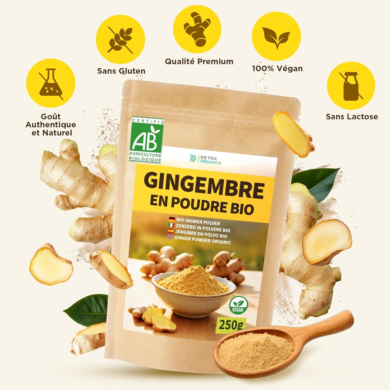 Thumbnail 2 de DETOX ORGANICA Gingembre en poudre BIO 250 g (100% pur, racine moulue) – sachet refermable