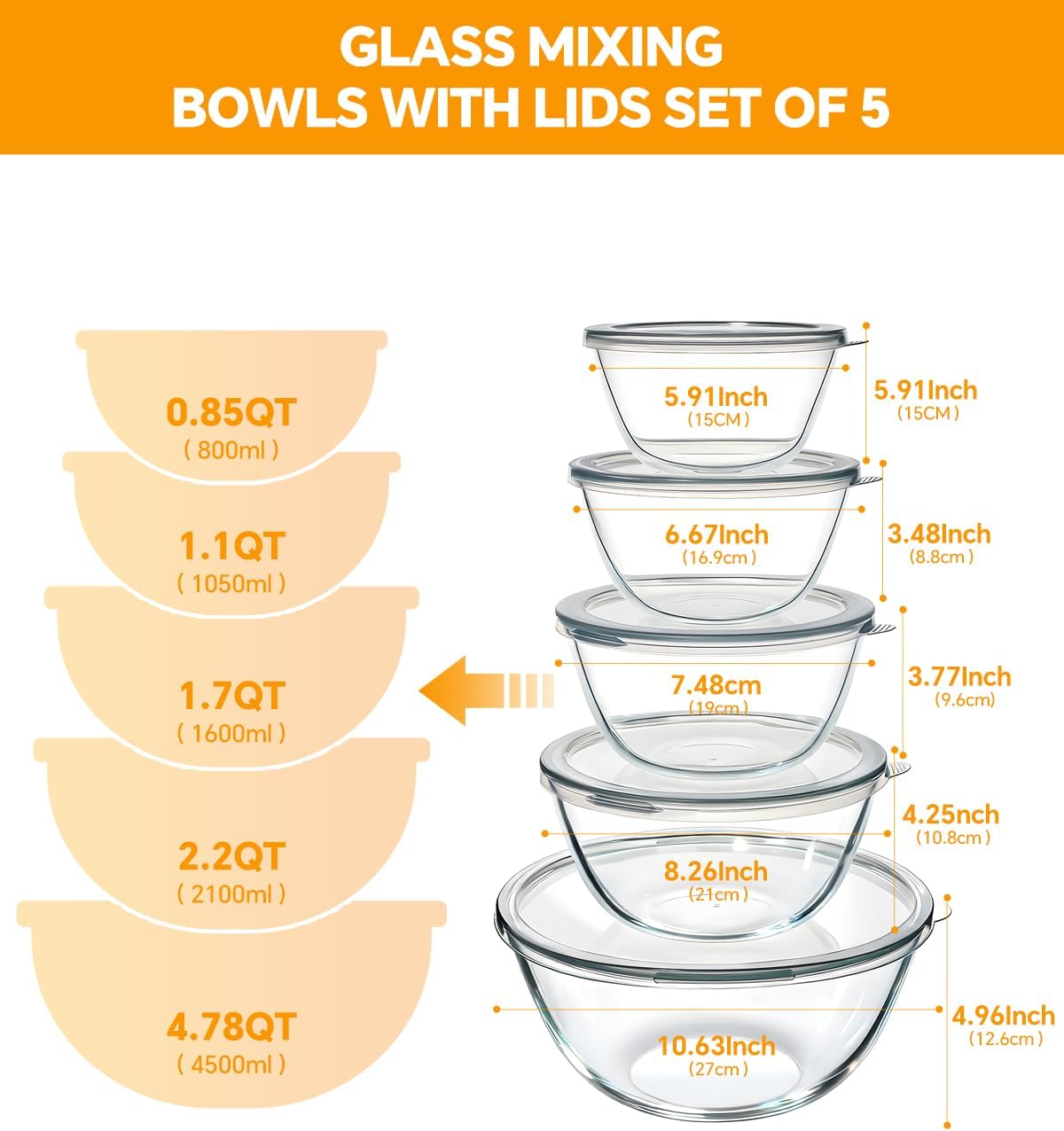 Thumbnail 4 de Glass Mixing Bowls Set of 5 4.78QT 🍲