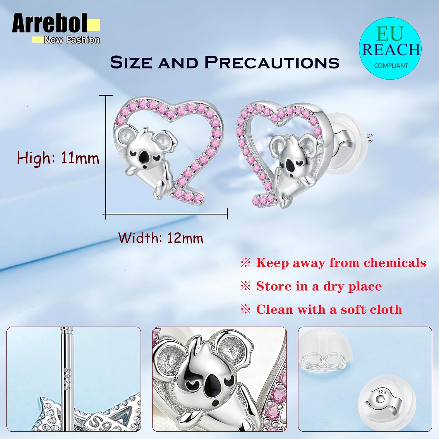 Detalle 2 de Arrebol Ohrringe Damen 925 Sterling Silber Ohrstecker mit 3A Zirkonia – Koala-Design, hypoallergen, Geschenk